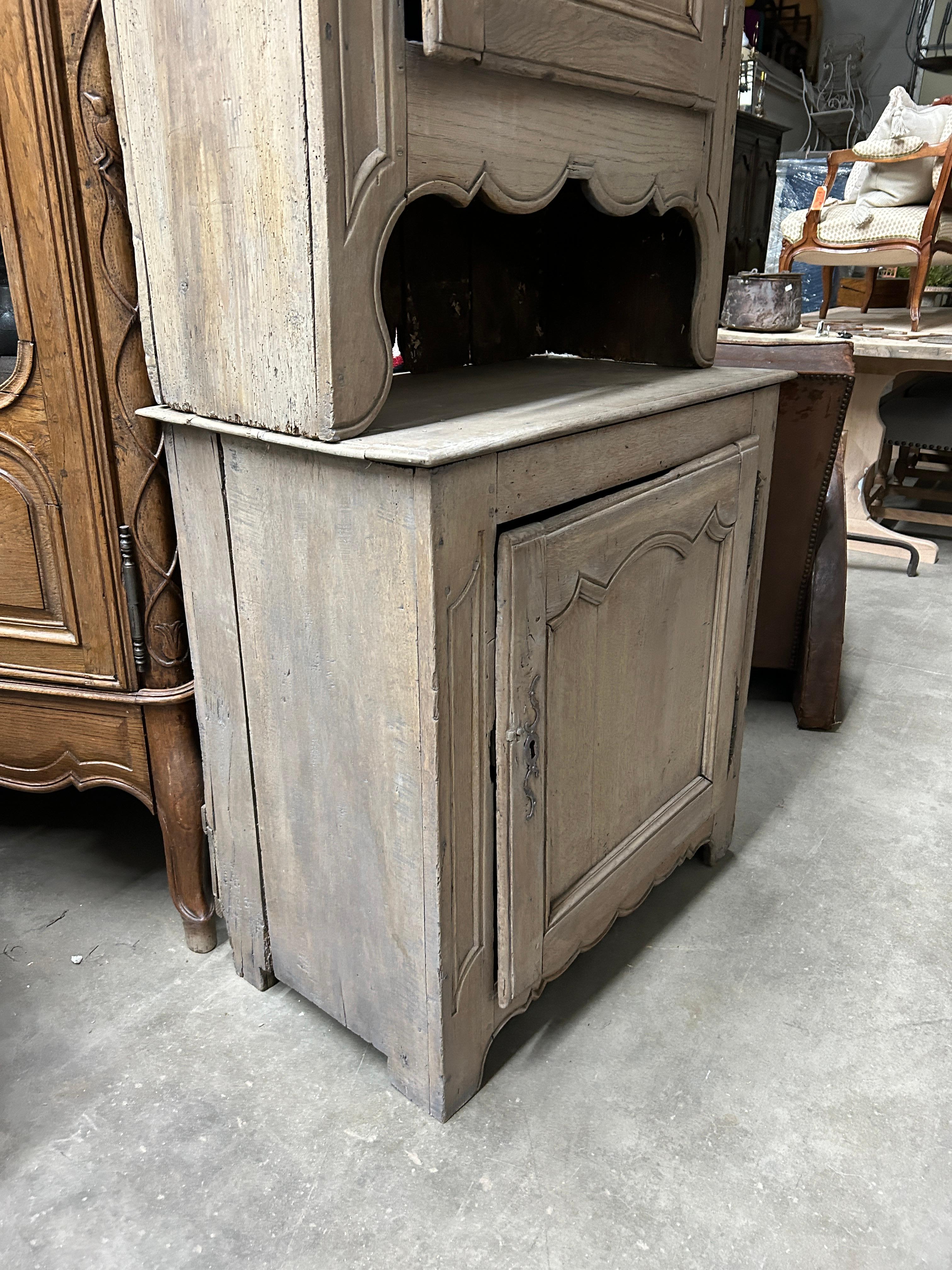 Hand-Carved Late 19th Century Antique French Gray Washed Pickled Finish Double Buffet  For Sale