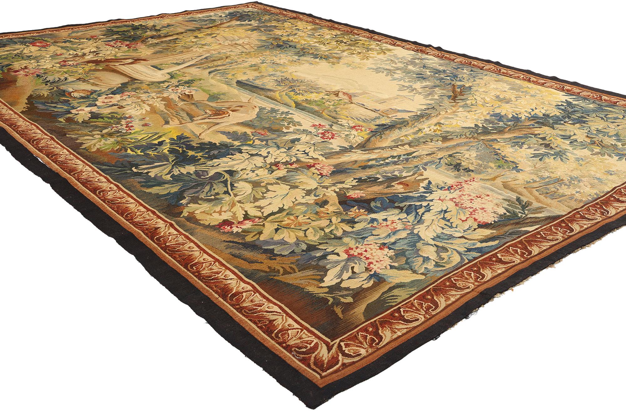 78831 Late 19th Century Antique French Aubusson Verdure Tapestry, 06'10 x 09'08. Woven in the storied ateliers of Aubusson during the late 19th century, this handwoven wool and silk antique verdure tapestry summons the pastoral grandeur of