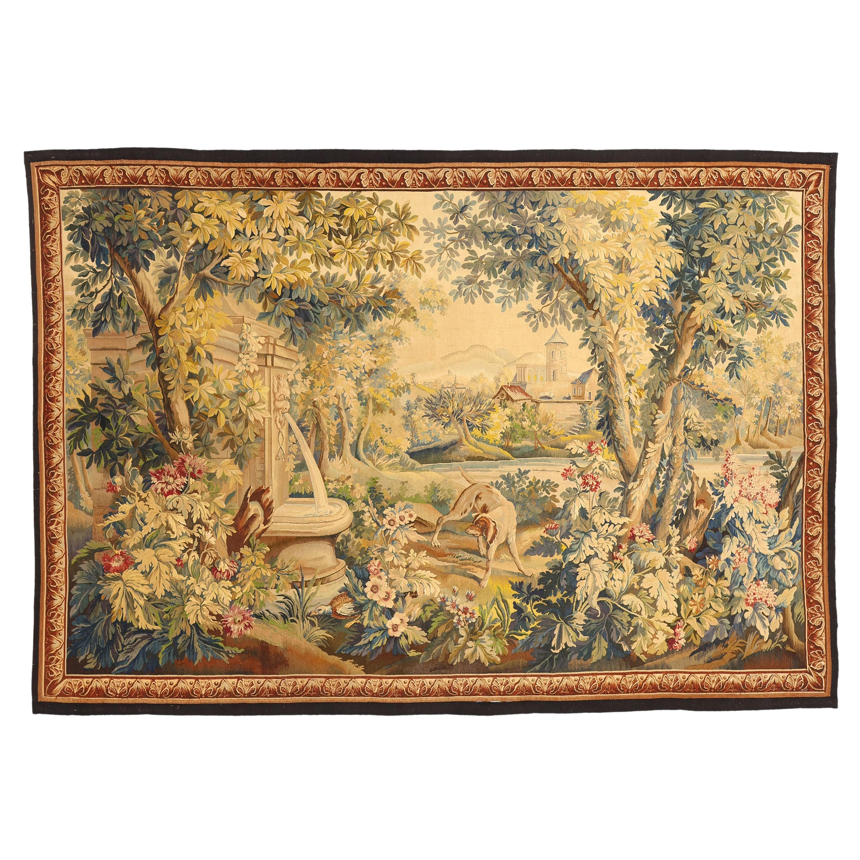 Tapiz Aubusson francés de Verdura de finales del siglo XIX con estilo Luis XV