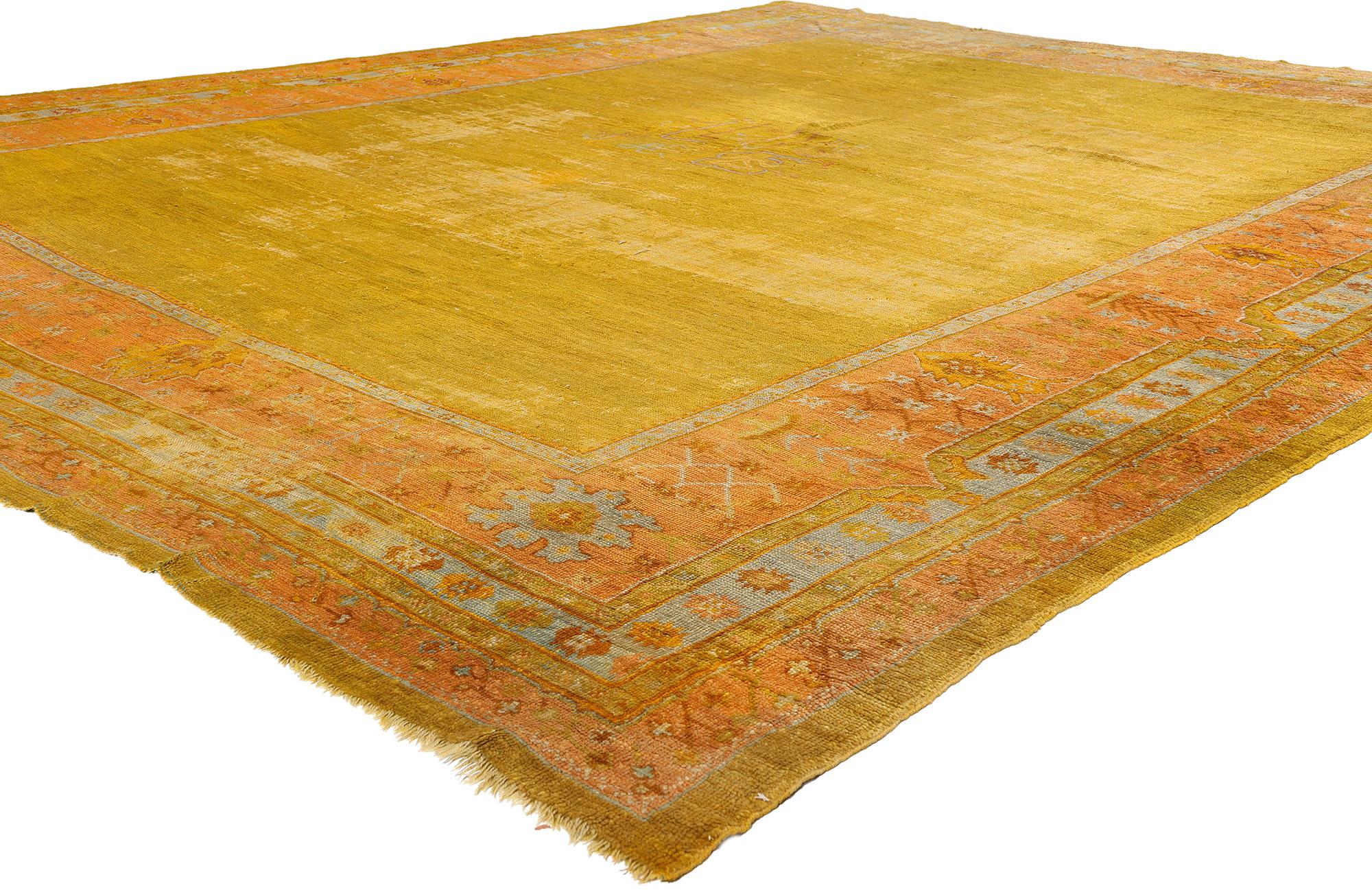 78742 Distressed Antique-Worn Turkish Gold Oushak Rug, 12'02 x 15'00. Originating from the Western region of Oushak in Turkey, Turkish Oushak rugs have earned widespread admiration for their intricate designs, soft color palettes, and premium wool