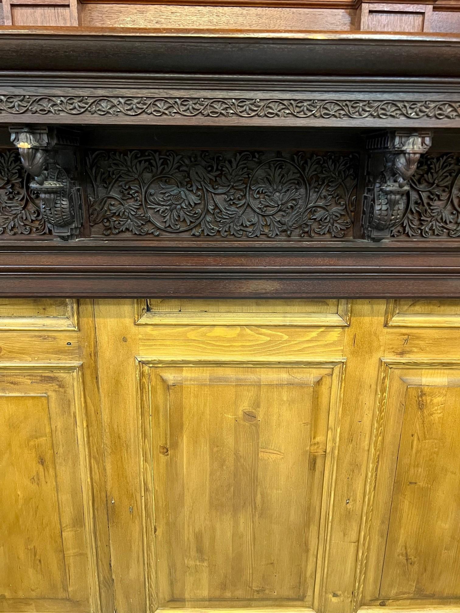 Mahogany Late 19th Century Antique Hand Carved Wooden Fireplace Mantel For Sale