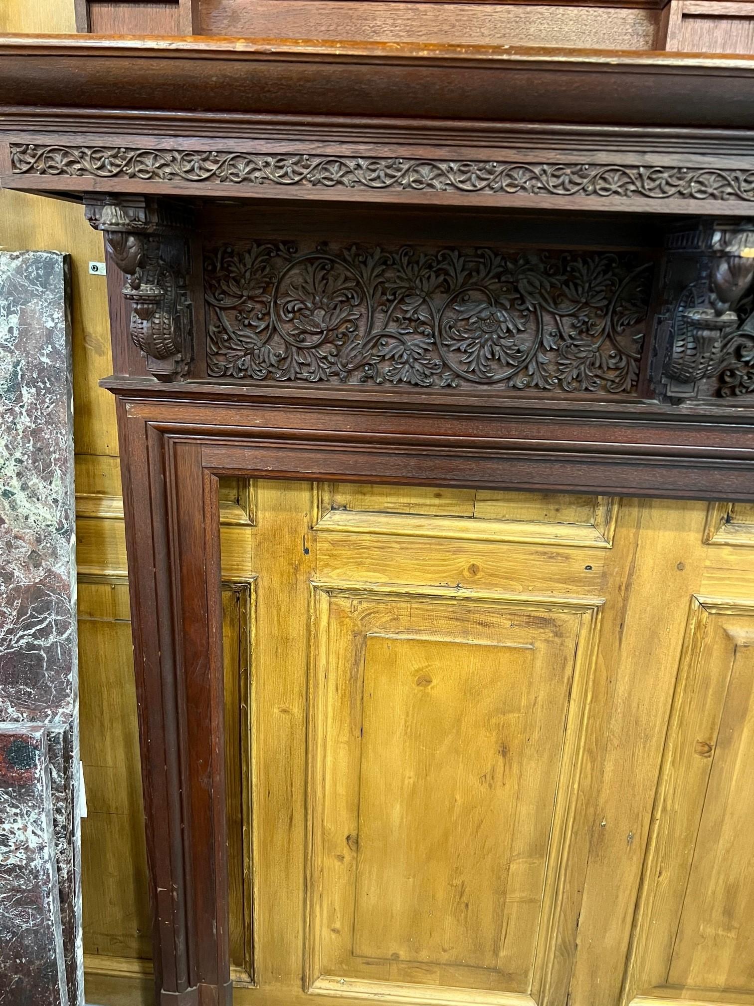 Late 19th Century Antique Hand Carved Wooden Fireplace Mantel For Sale 1