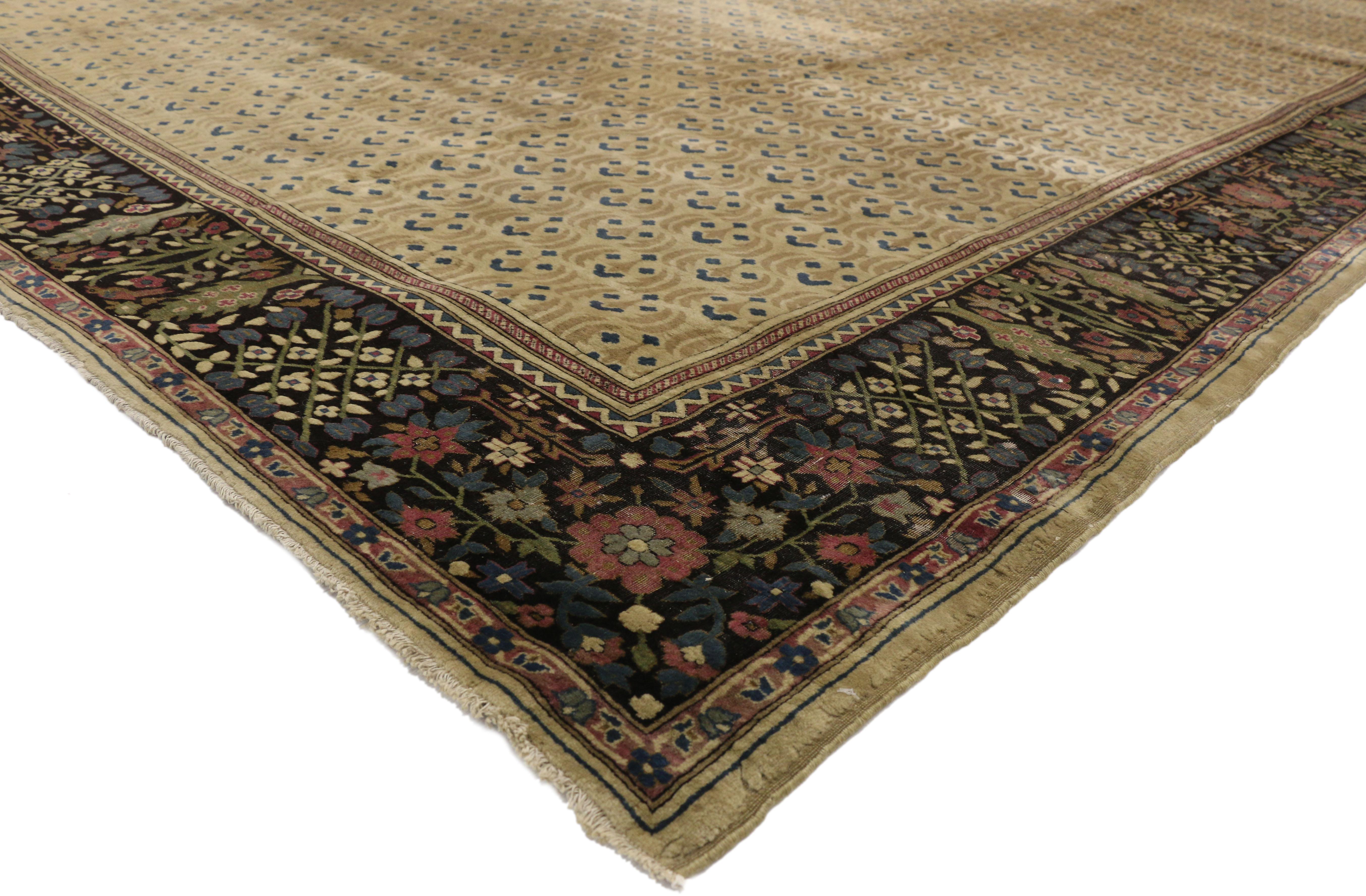 73986 Late 19th Century Antique Indian Agra Rug with Art Deco Style. Cleverly composed and distinctively well-balanced, this hand-knotted wool antique Indian Agra features an all-over repeating pattern similar to the ancient Chintamani pattern