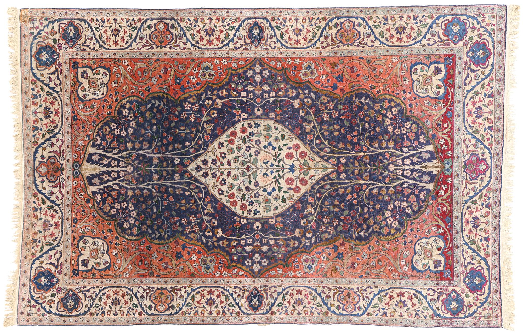 79249 Late 19th Century Antique Indian Agra Rug, 06'01 x 09'02. Rooted in the grandeur of late 19th-century Indian court ateliers, this hand-knotted wool antique Agra rug is a rare masterpiece of refined aesthetic splendor and aristocratic