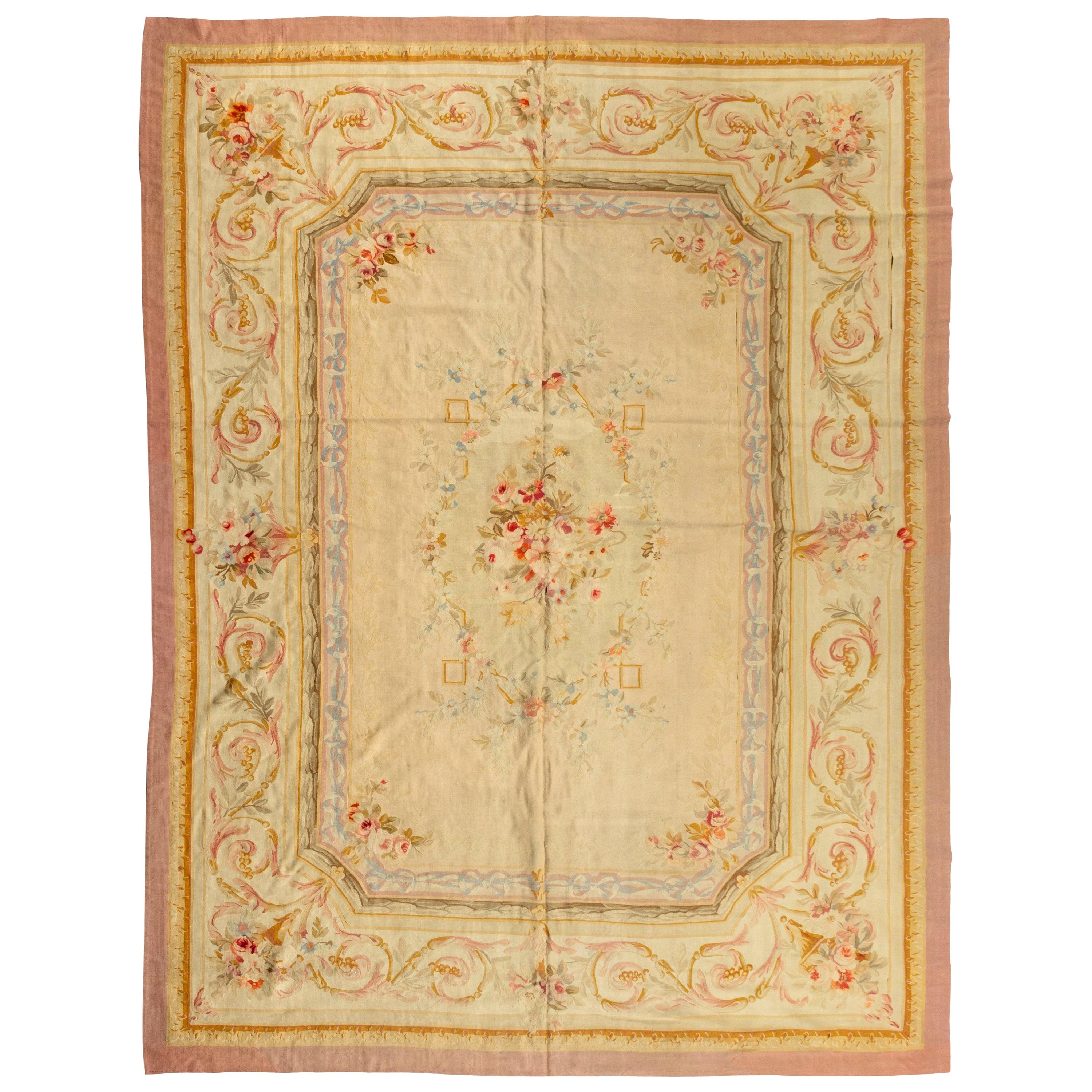 Late 19th Century Antique Ivory and Beige Floral French Aubusson Tapestry Rug For Sale