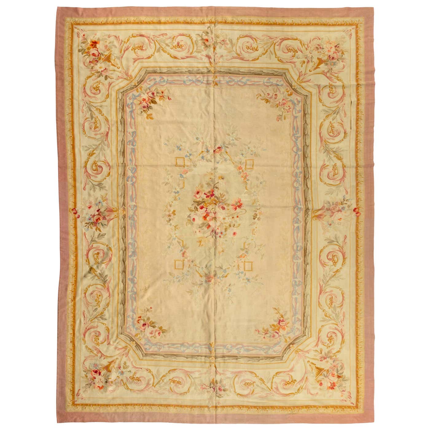 Late 19th Century Antique Ivory and Beige Floral French Aubusson ...