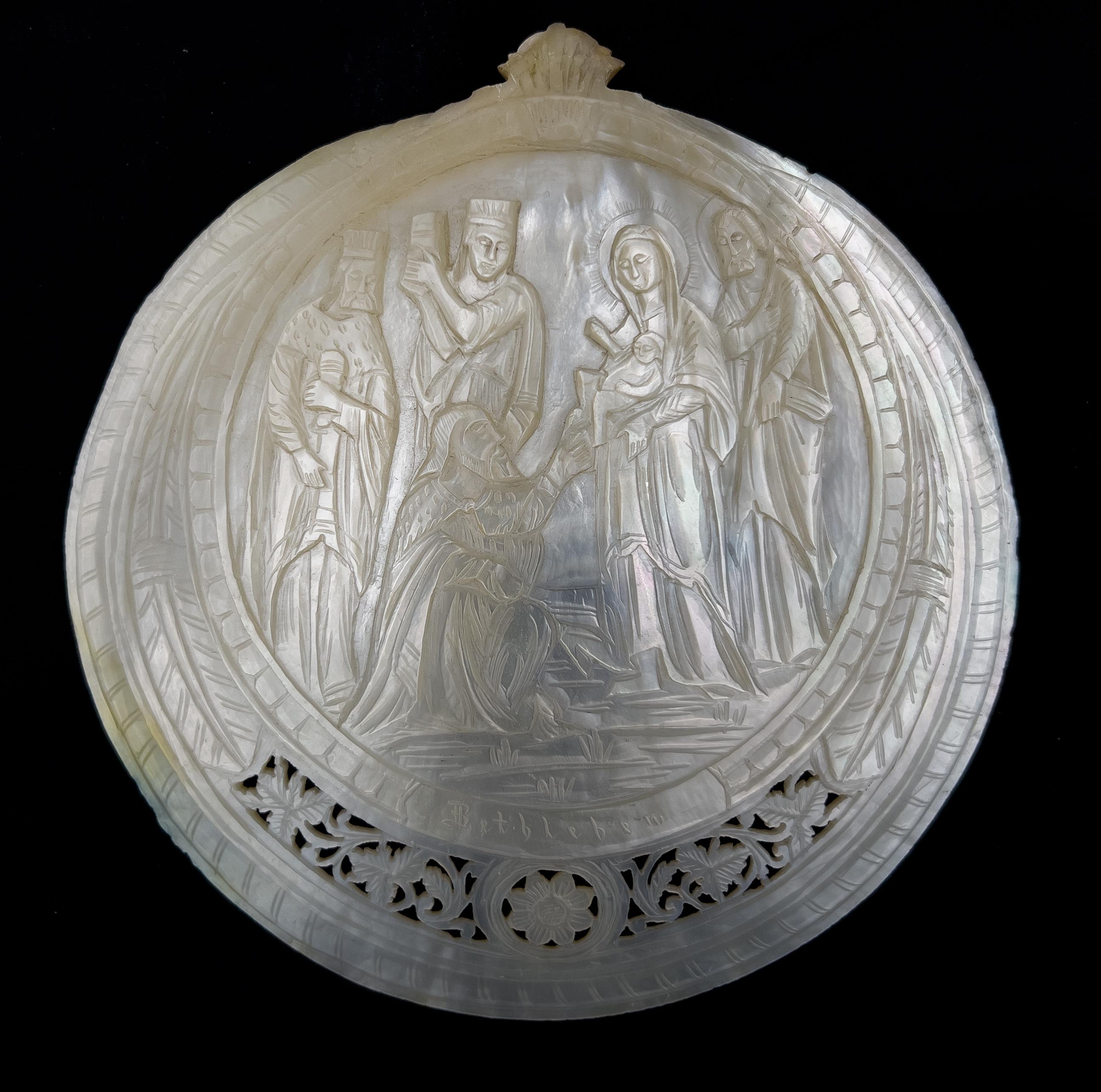 Mother-of-Pearl Late 19th Century Antique Jerusalem Mother of Pearl Shell Carved Plaques For Sale