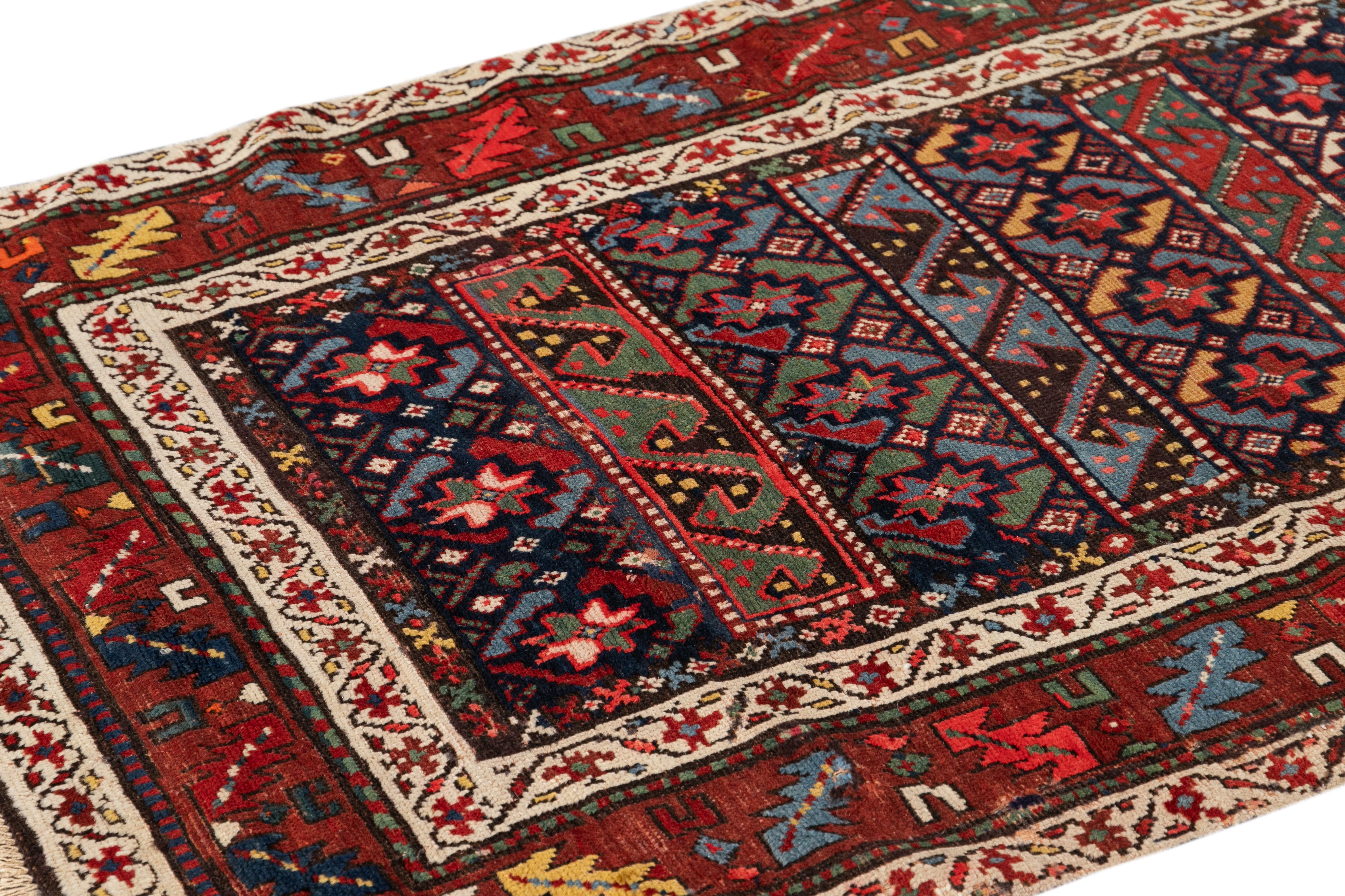 19th Century Antique Kazak Handmade Multicolor Wool Runner  For Sale 5