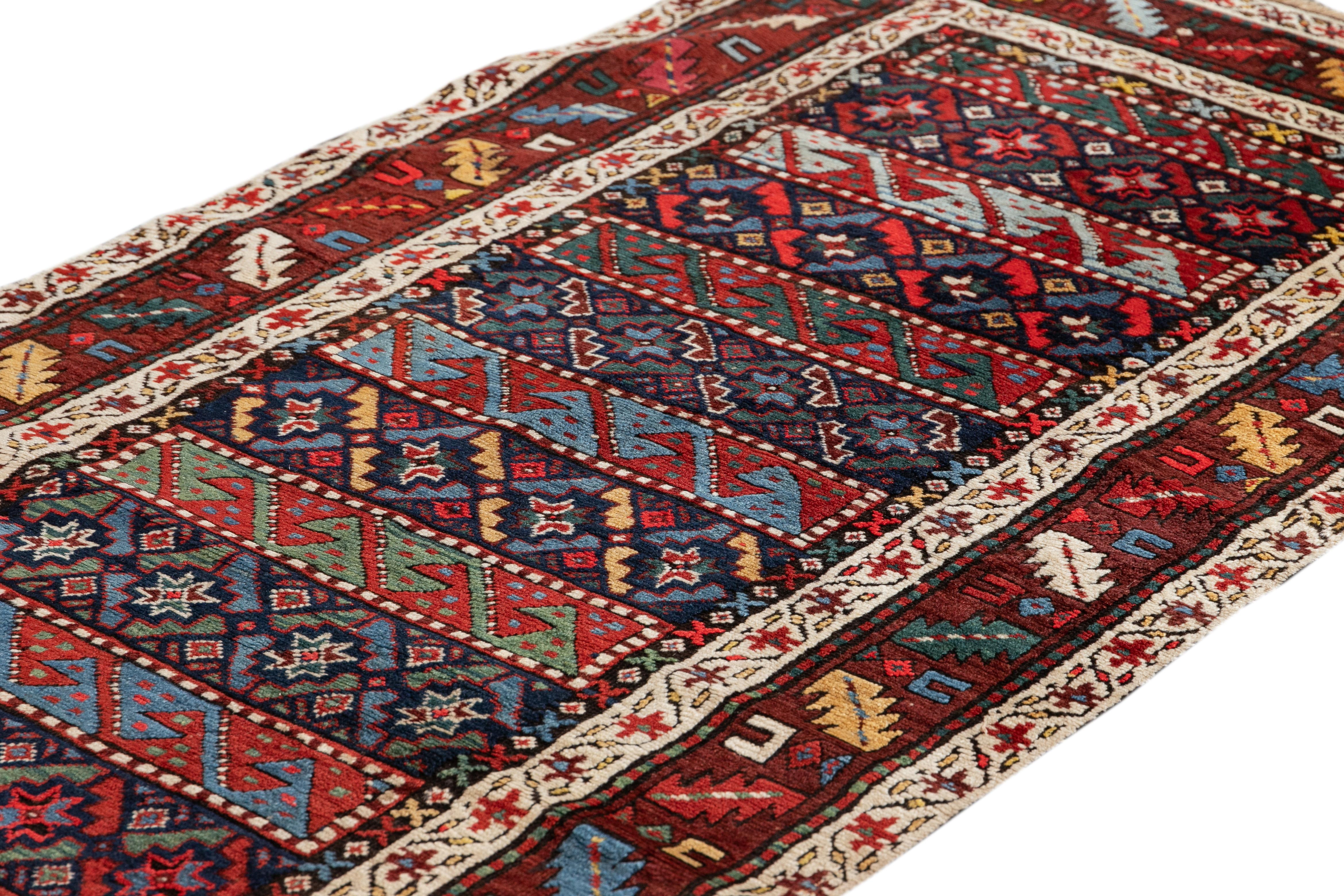 Asian 19th Century Antique Kazak Handmade Multicolor Wool Runner  For Sale