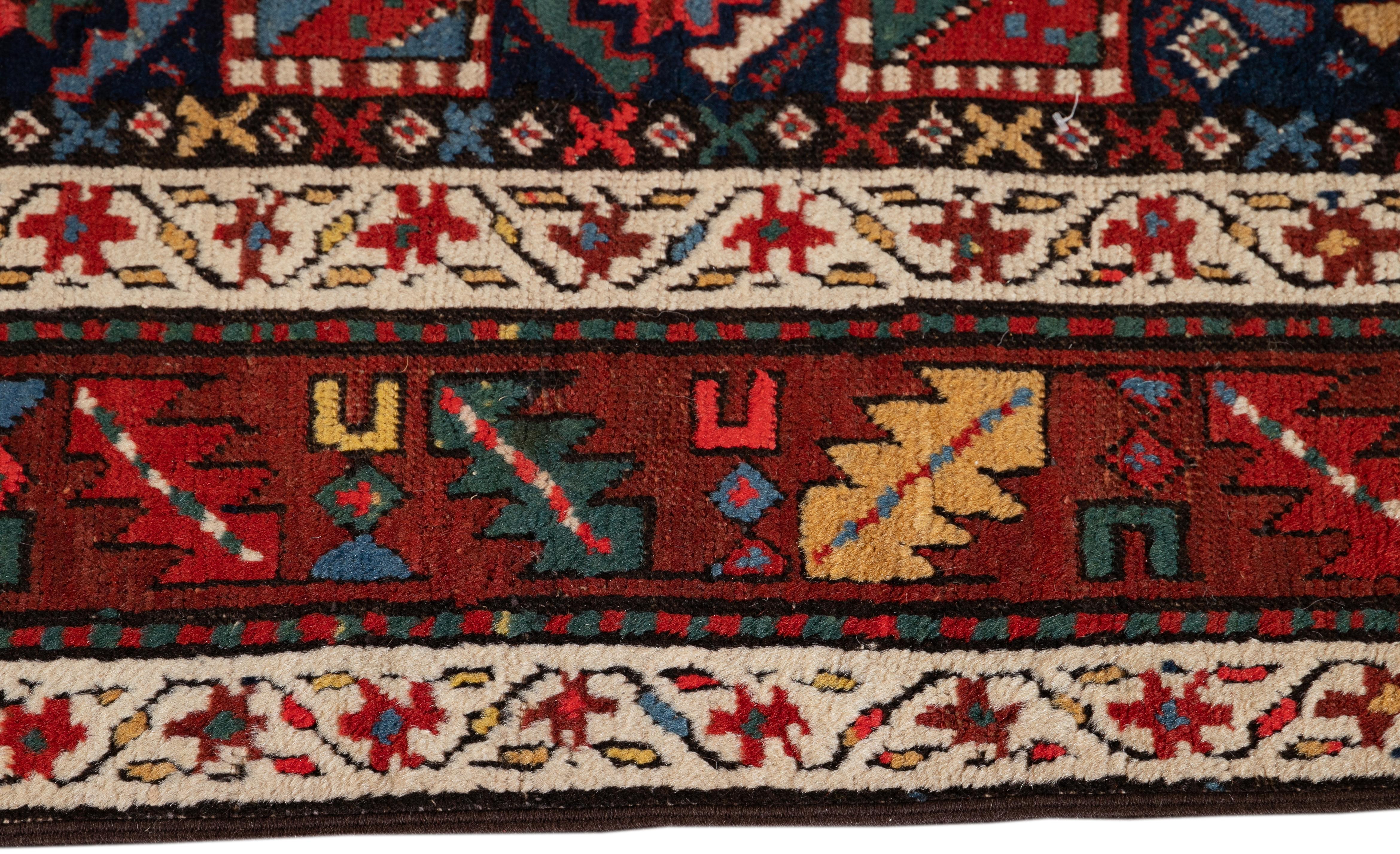 19th Century Antique Kazak Handmade Multicolor Wool Runner  For Sale 1