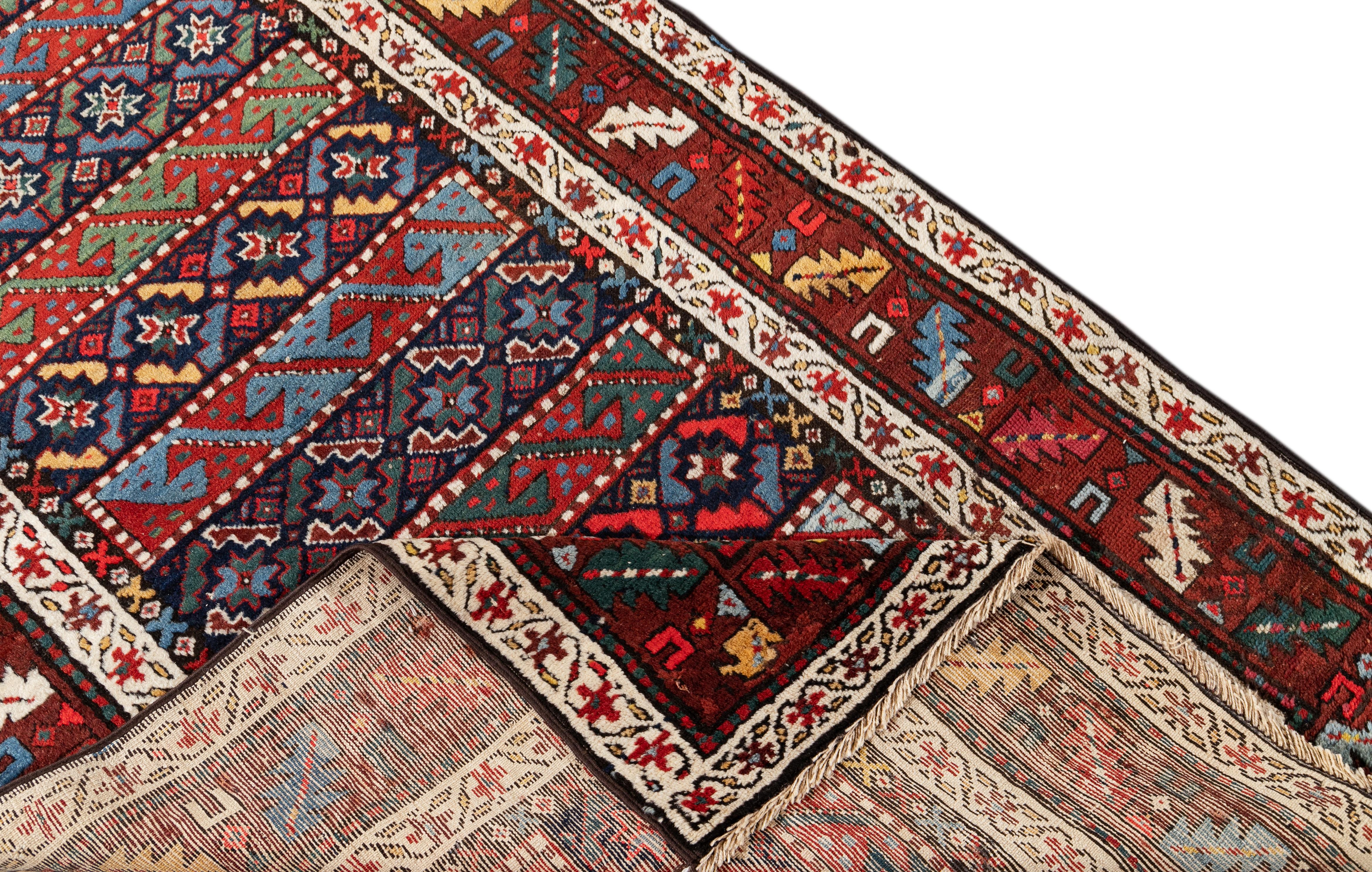 19th Century Antique Kazak Handmade Multicolor Wool Runner  For Sale 2