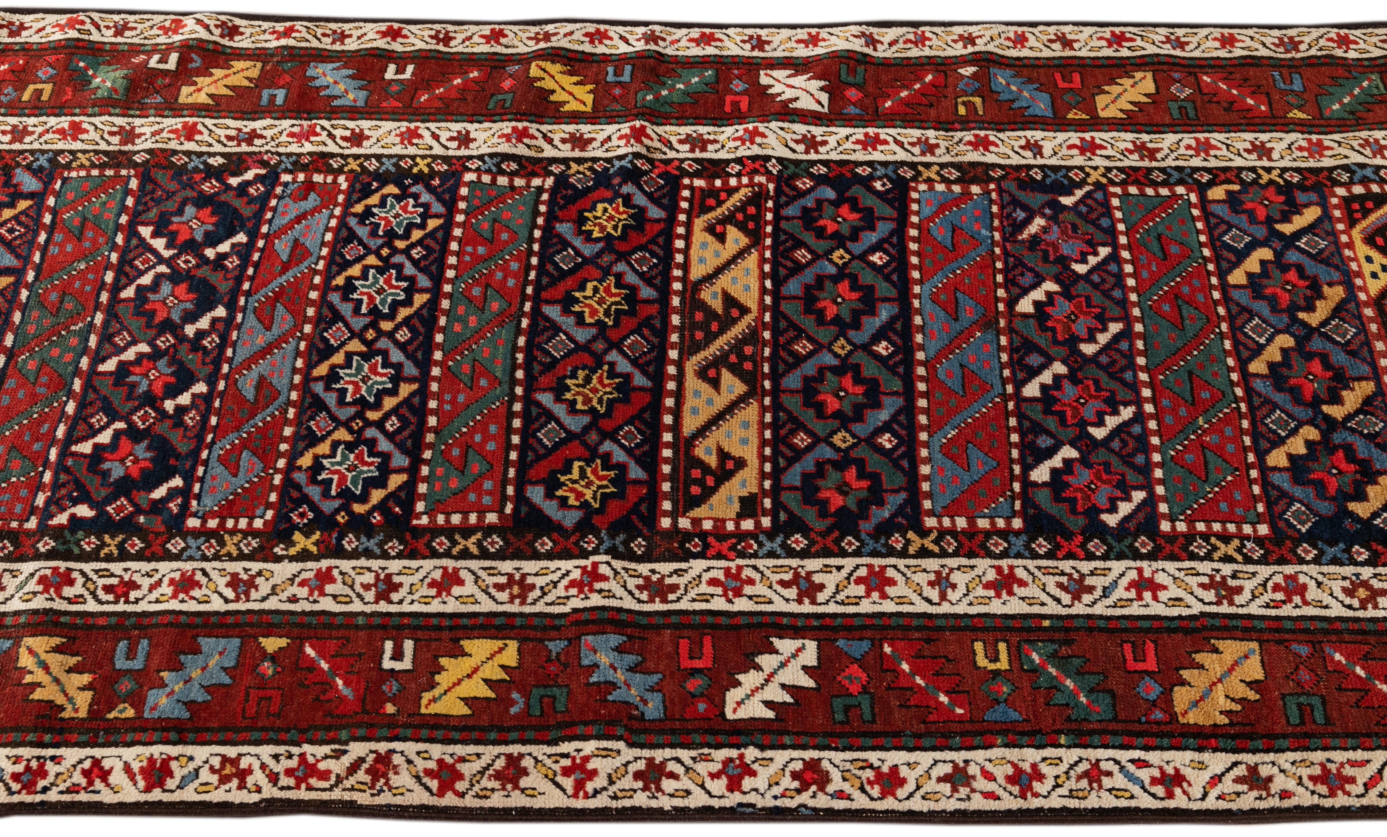19th Century Antique Kazak Handmade Multicolor Wool Runner  For Sale 3