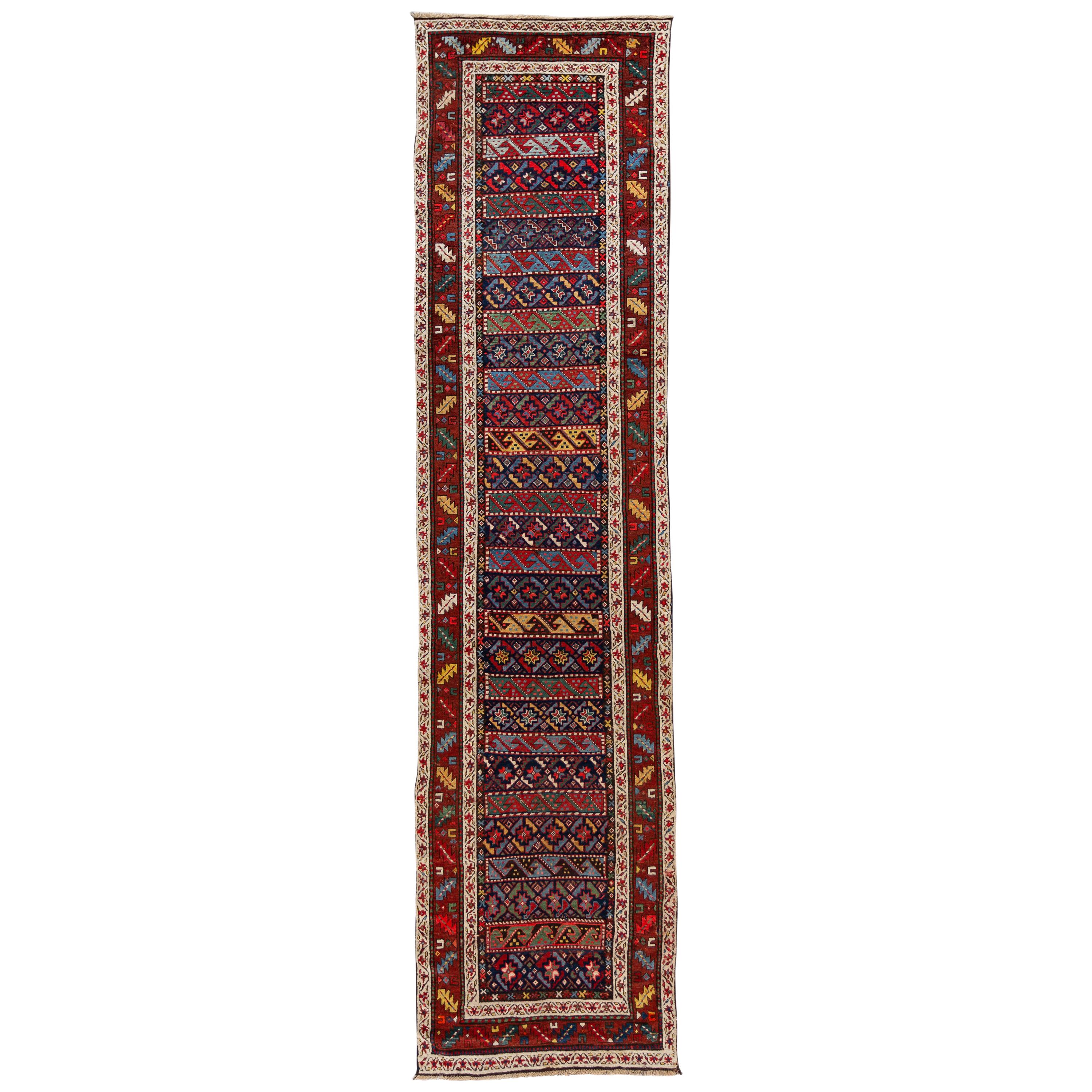 19th Century Antique Kazak Handmade Multicolor Wool Runner  For Sale