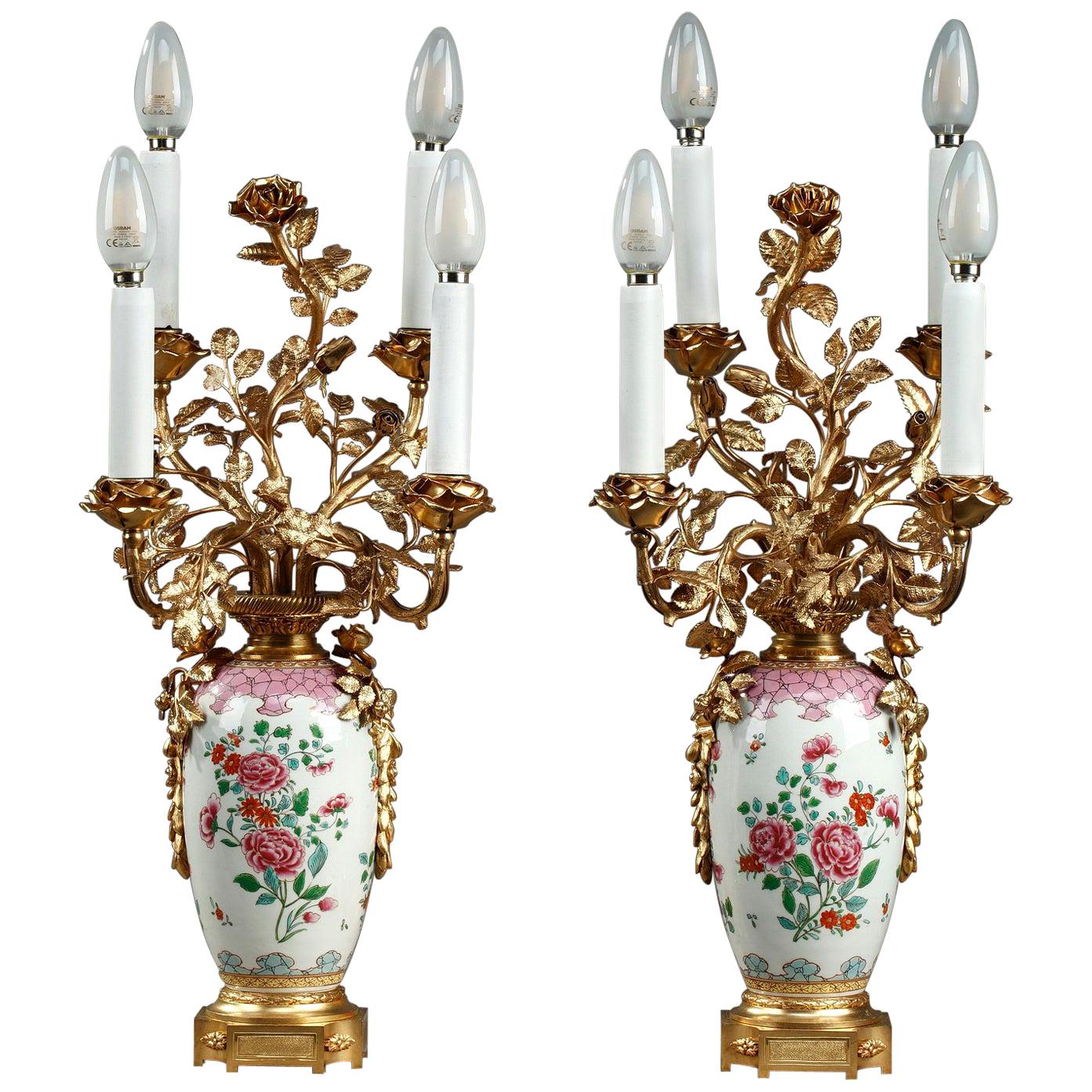 Late 19th Century Antique Lamps in Famille Rose Chinese Porcelain Taste