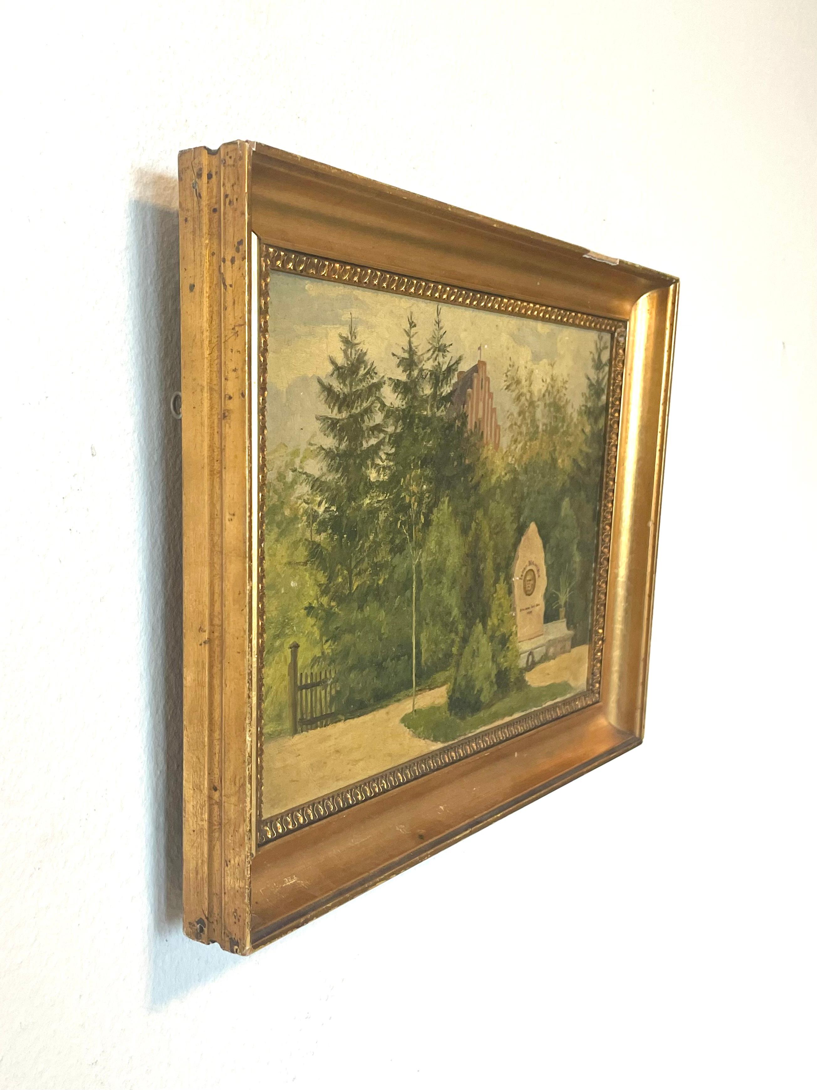 Danish antique 1892 landscape oil painting with cemetary by Amalie Müller For Sale 4