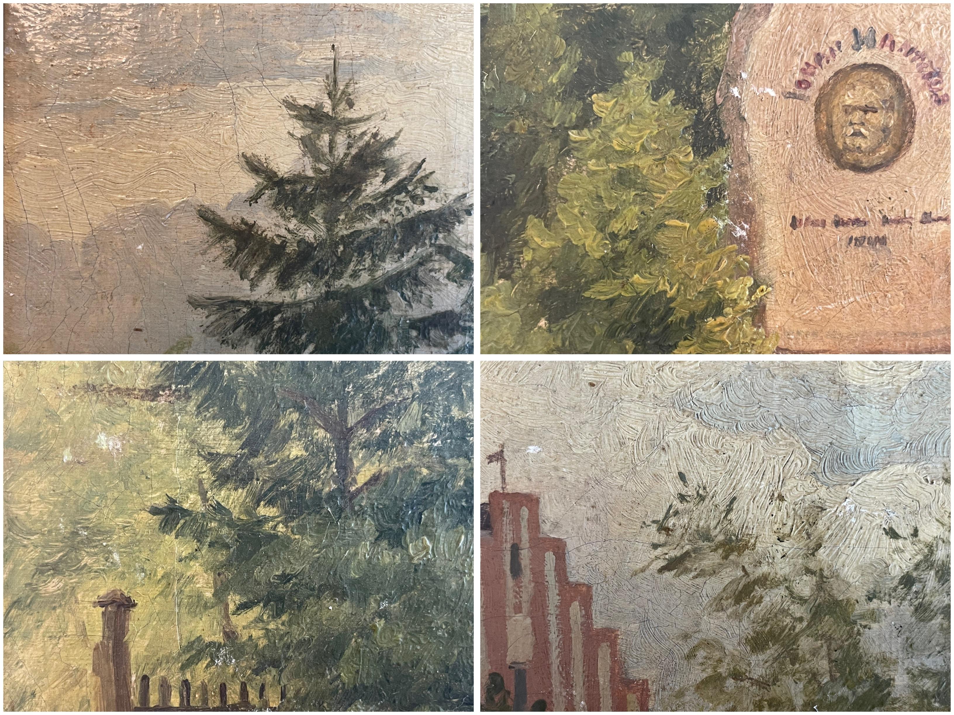 Danish antique 1892 landscape oil painting with cemetary by Amalie Müller For Sale 8