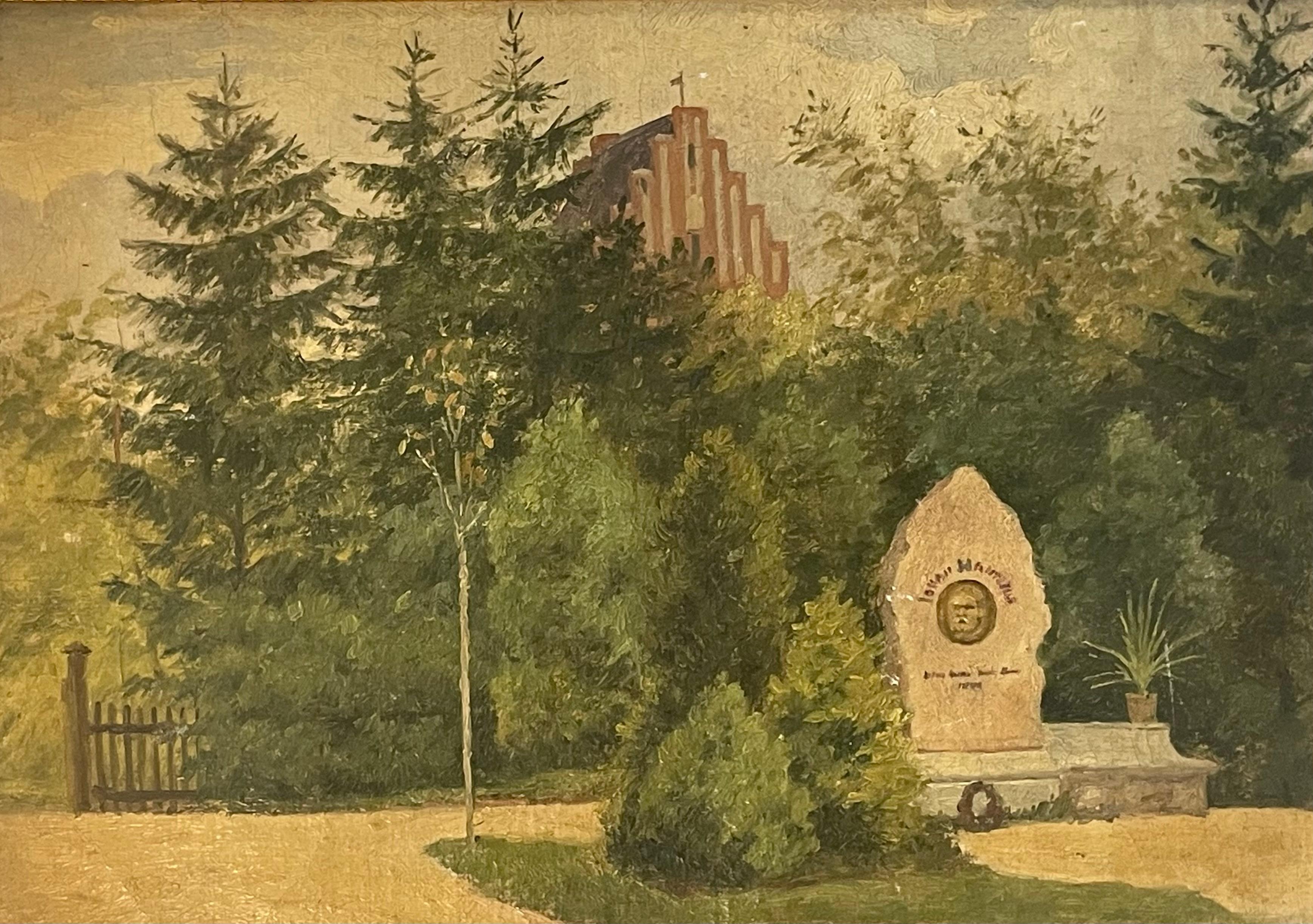 This is an original antique oil on canvas painting from 1892 by Amalie Müller (1843-1923) with motive from Birkerød Cemetary near Copenhagen.

The painting is signed by the artist in the lower right corner (hidden by frame) and framed in a gold