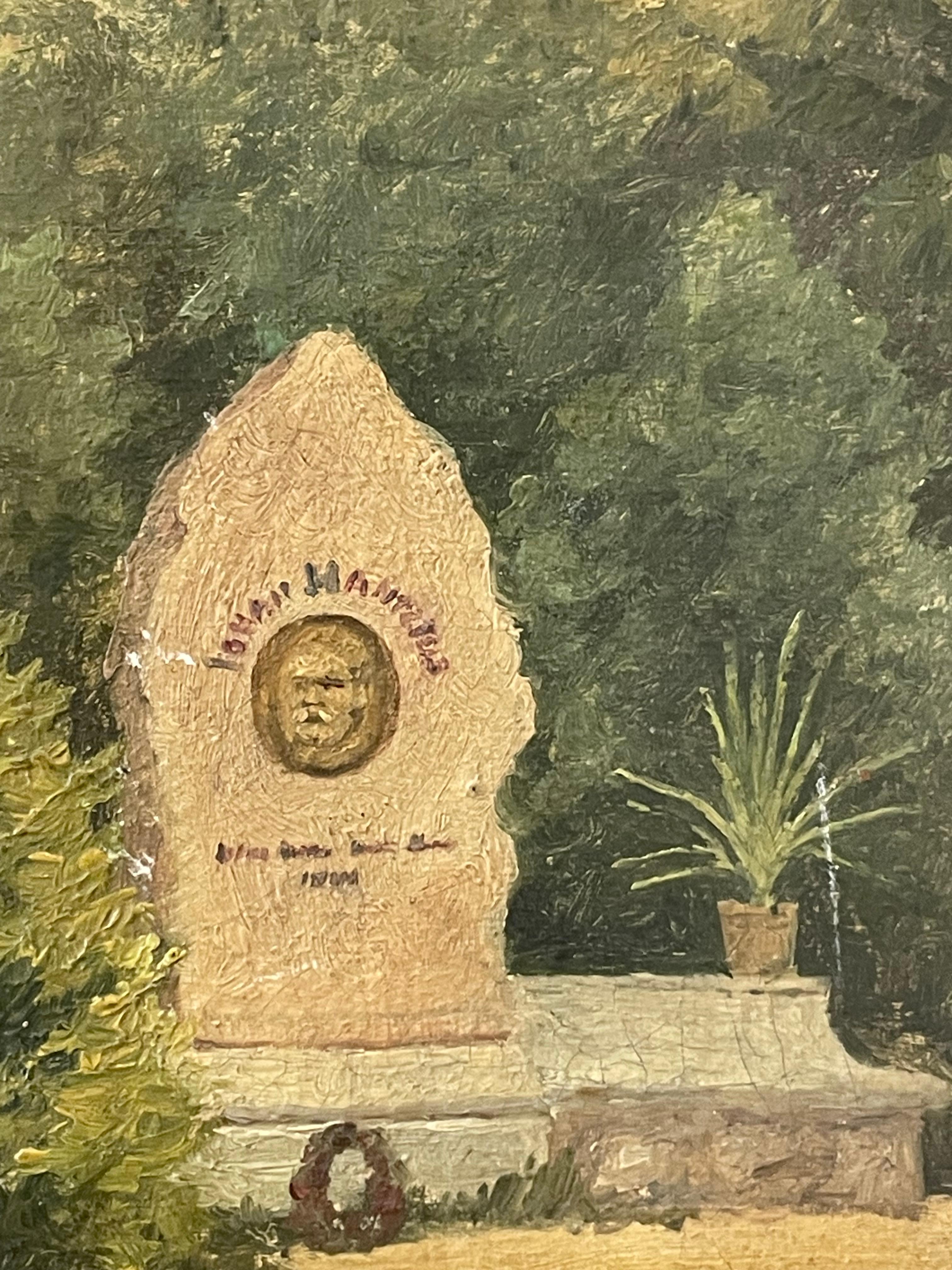 Victorian Danish antique 1892 landscape oil painting with cemetary by Amalie Müller For Sale