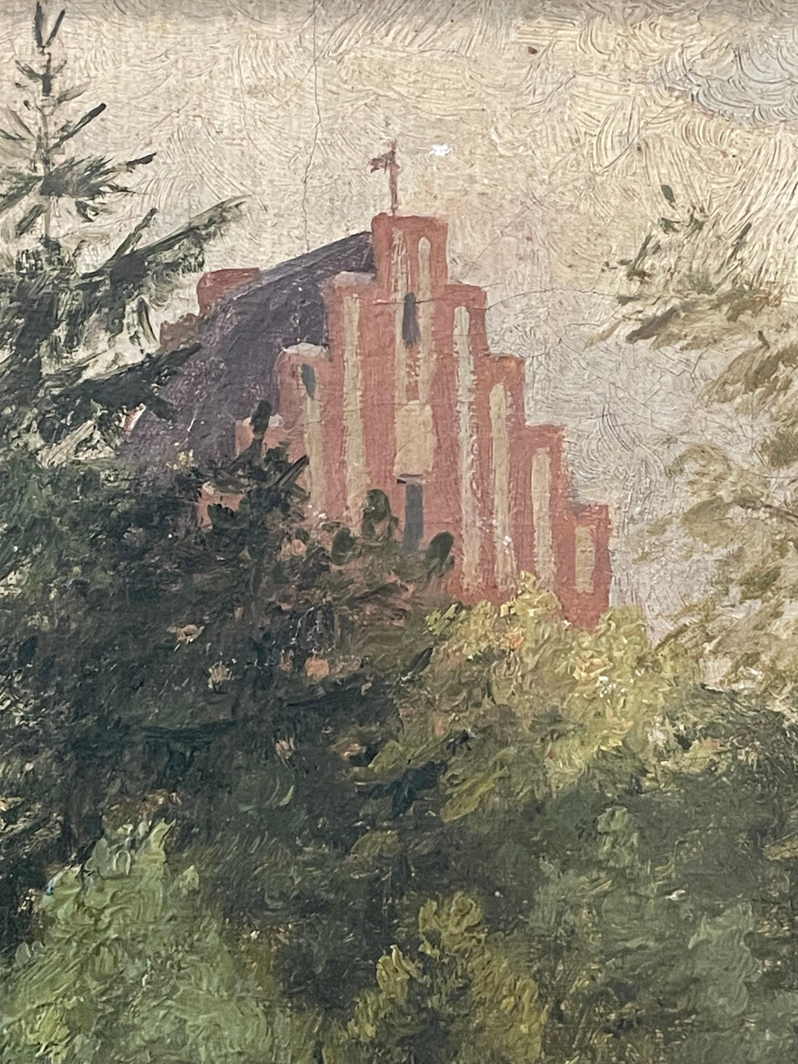 19th Century Danish antique 1892 landscape oil painting with cemetary by Amalie Müller For Sale