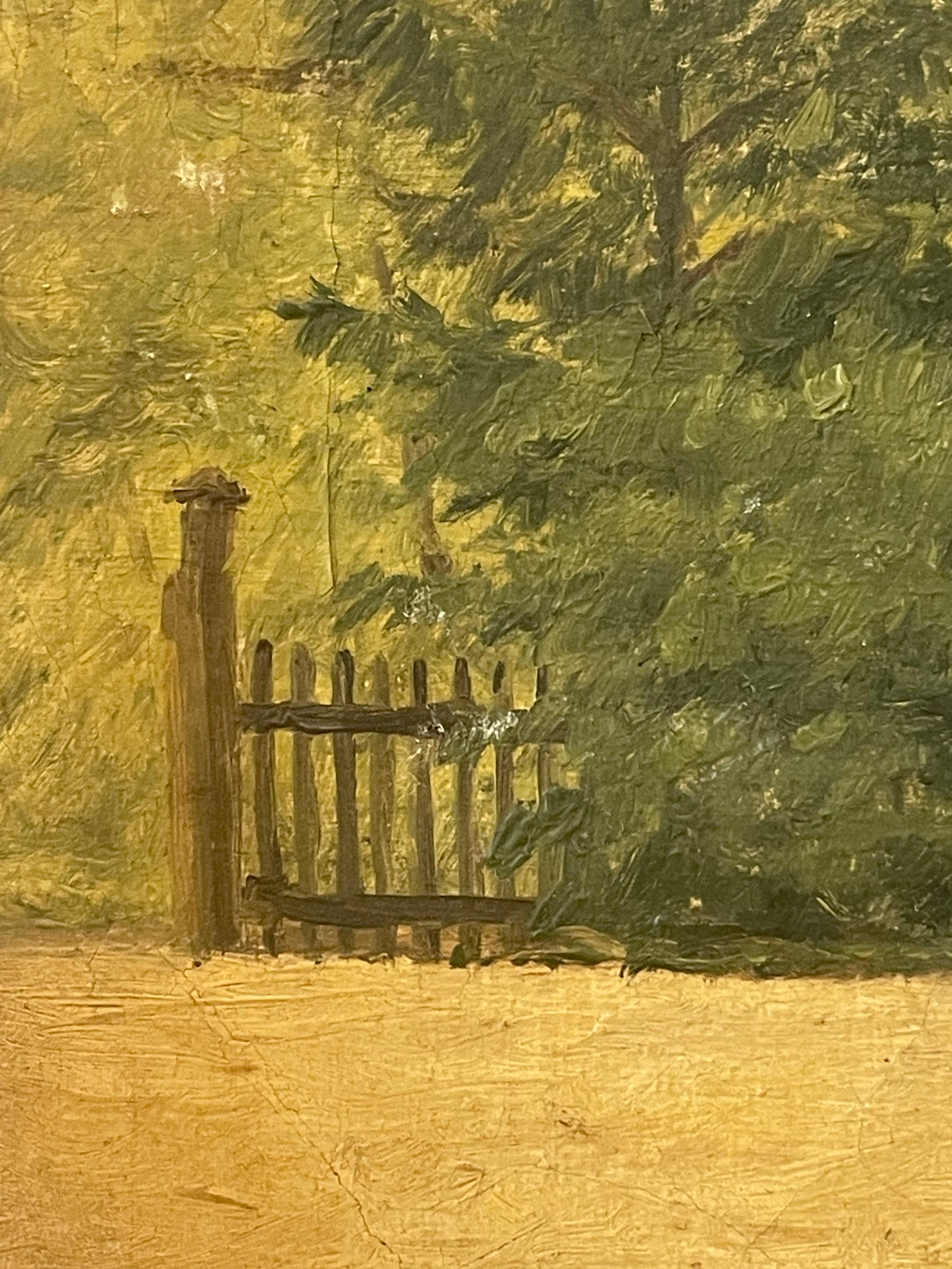 Paint Danish antique 1892 landscape oil painting with cemetary by Amalie Müller For Sale