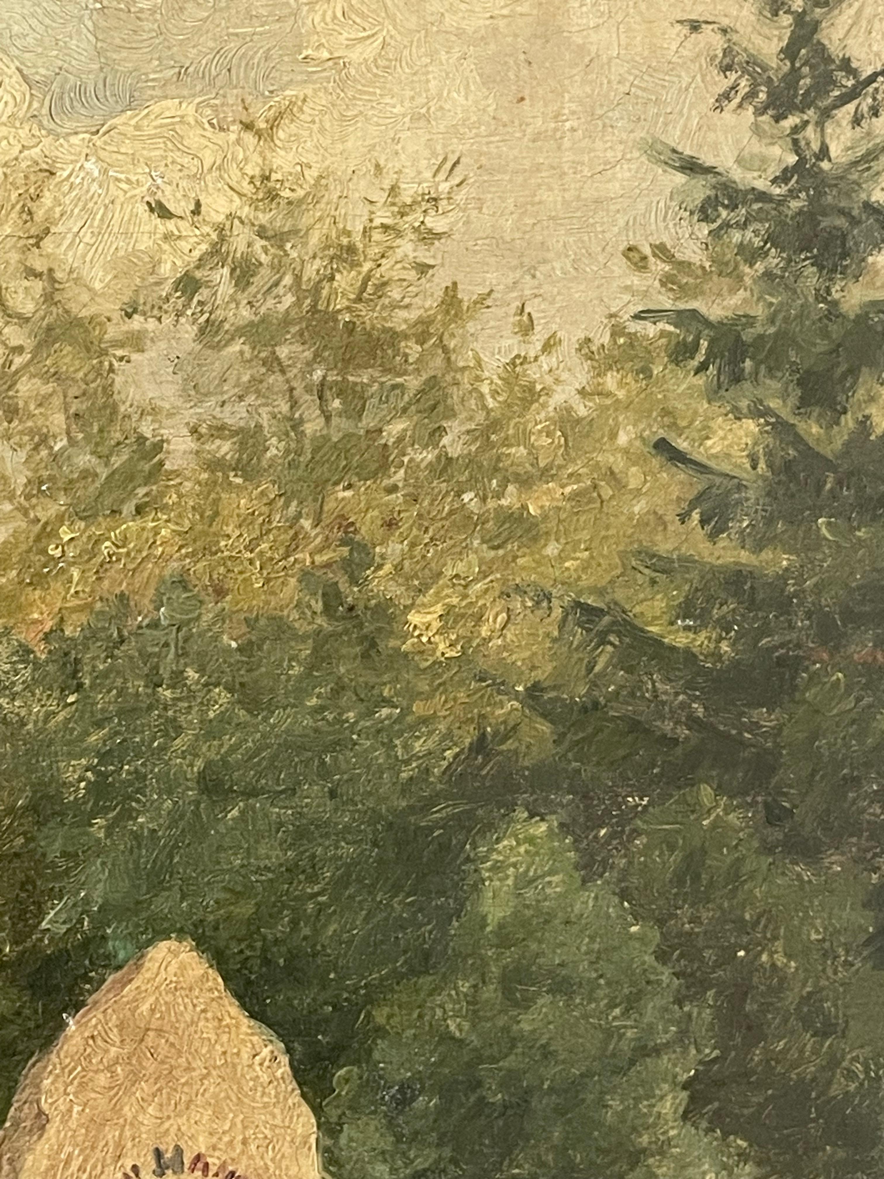 Danish antique 1892 landscape oil painting with cemetary by Amalie Müller For Sale 2