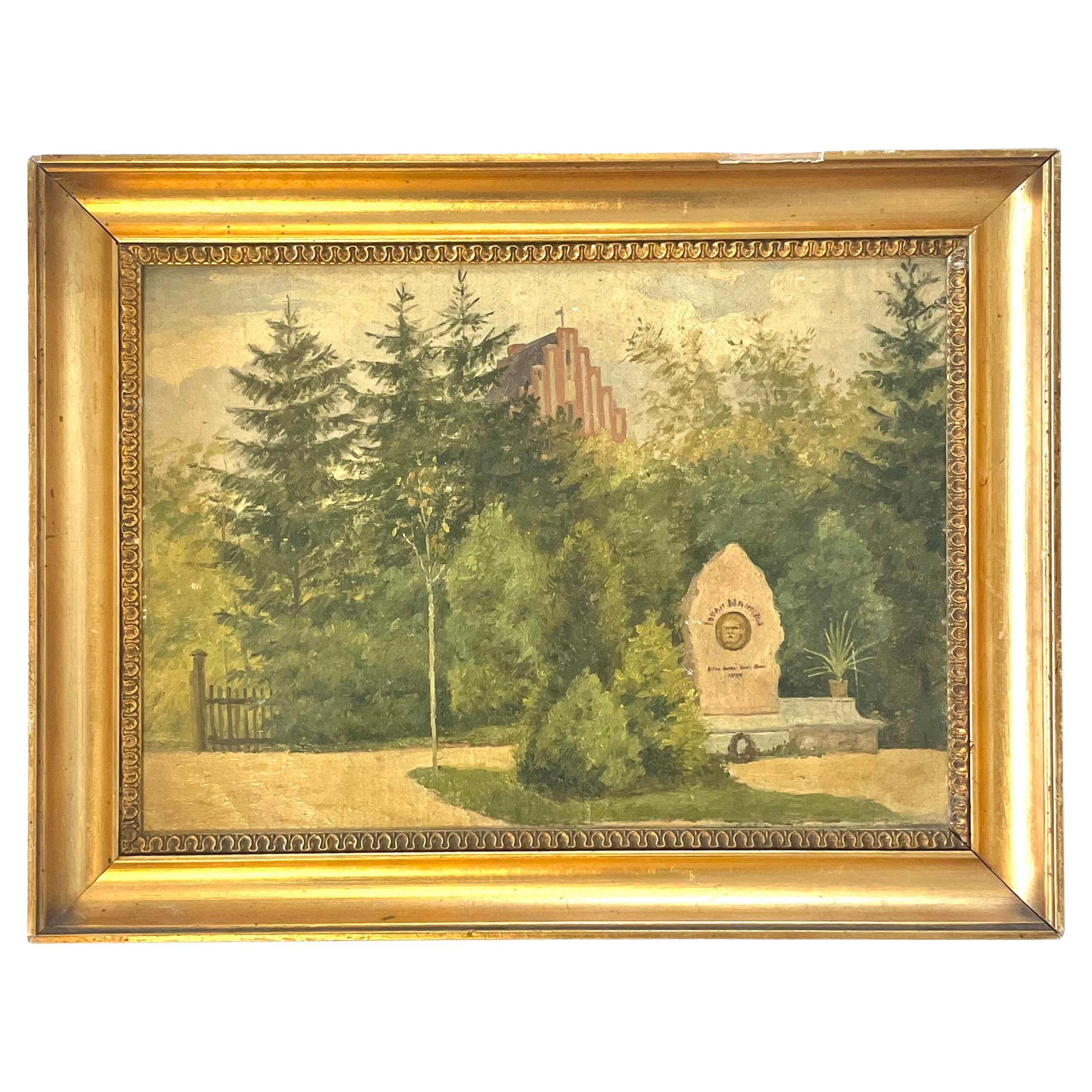 Danish antique 1892 landscape oil painting with cemetary by Amalie Müller