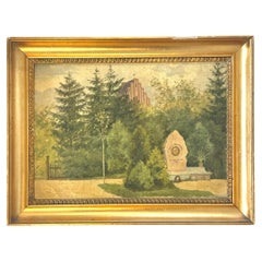 Peinture à l'huile danoise ancienne de 1892 représentant un paysage avec cimetière par Amali Müller
