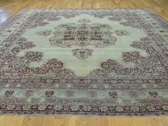 Late 19th Century Antique Lavar Kerman Rug Squarish Ivory 10'9"x12' Medallion