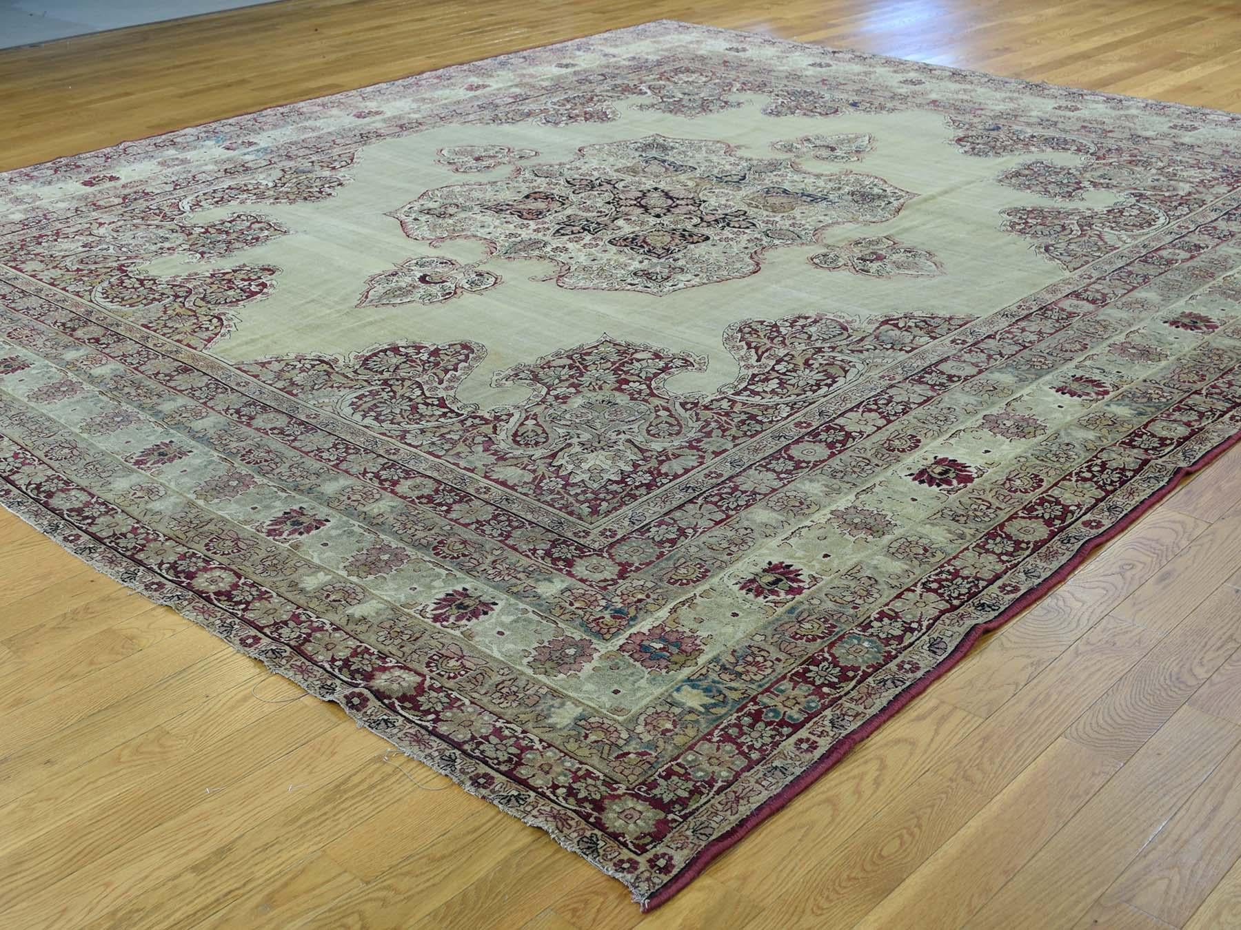 Kirman Late 19th Century Antique Lavar Kerman Rug Squarish Ivory 10'9