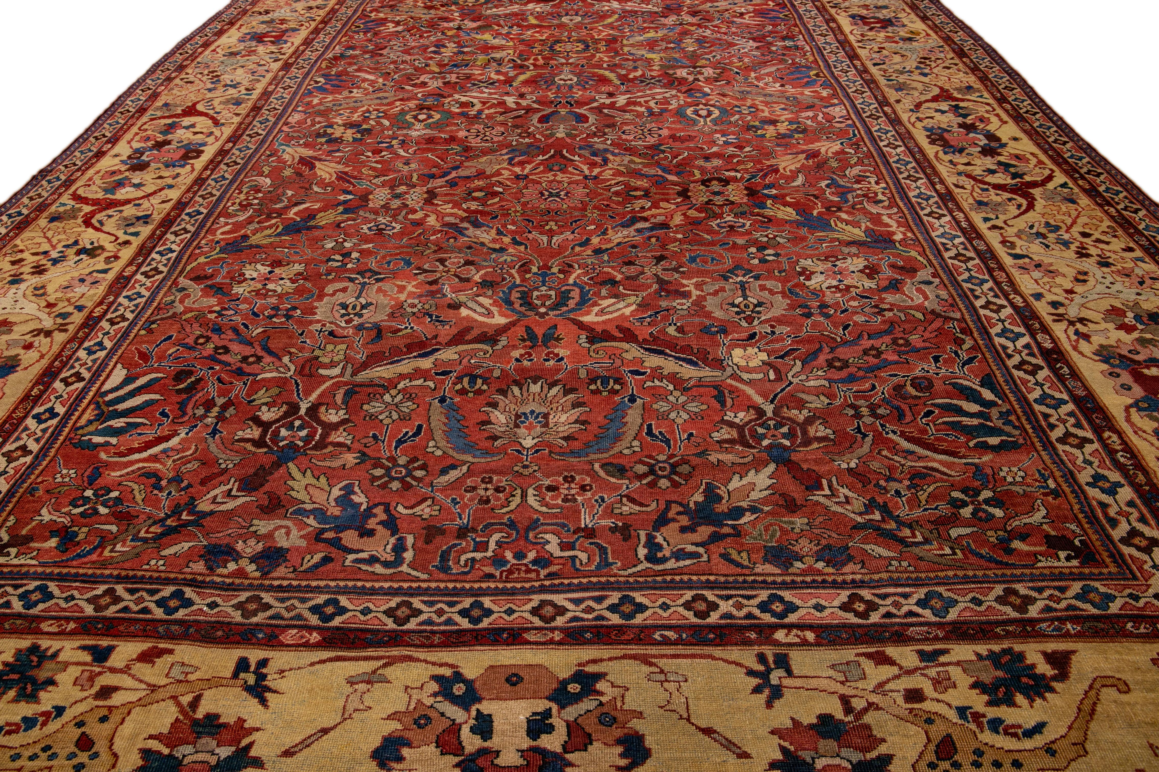 Perse Fin du 19e siècle Antiquités Mahal Tapis de laine surdimensionné fait à la main et à motifs floraux rouille en vente