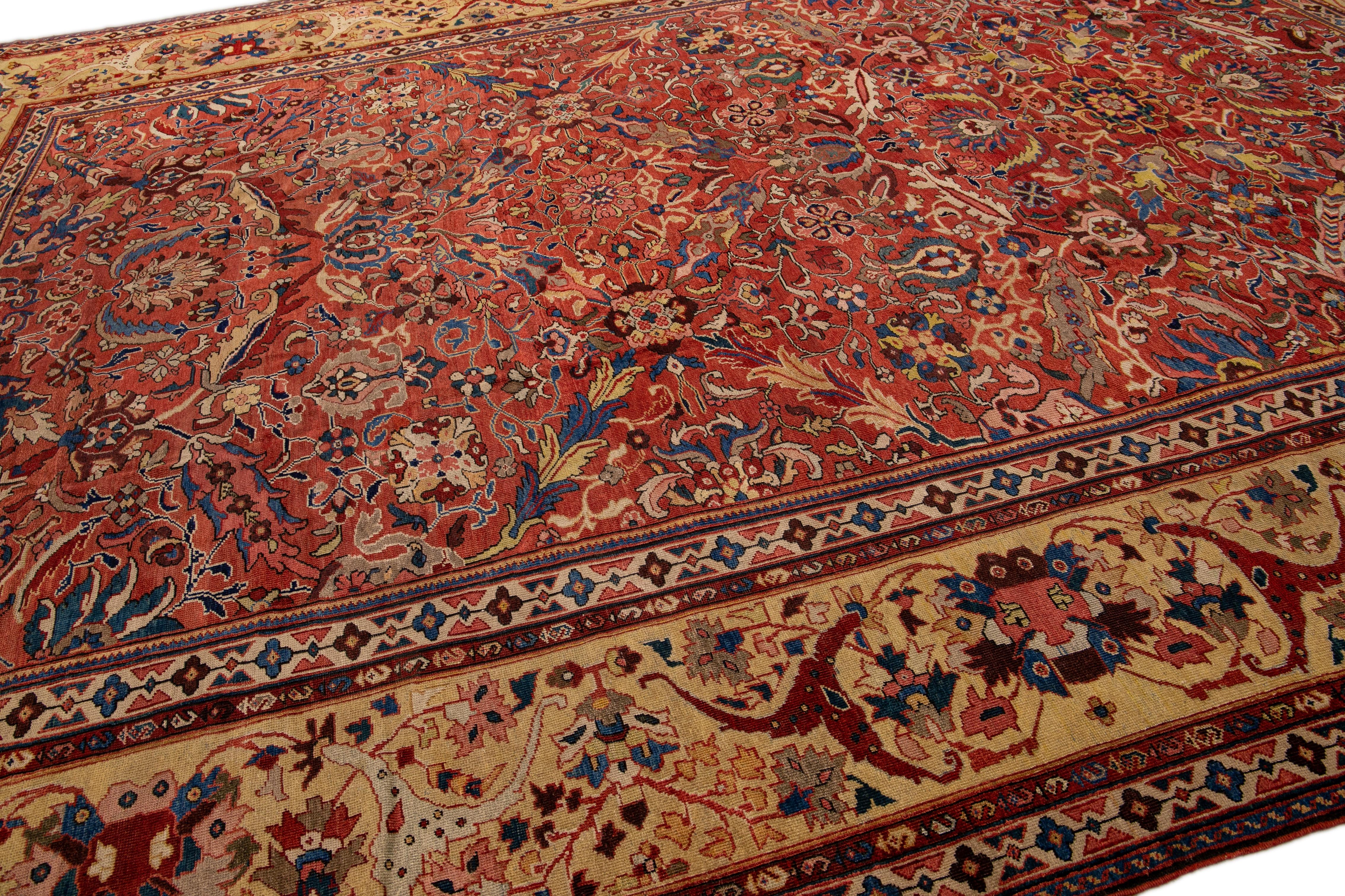 Late 19th Century Antique Mahal Handmade Allover Floral Rust Oversize Wool Rug For Sale 2