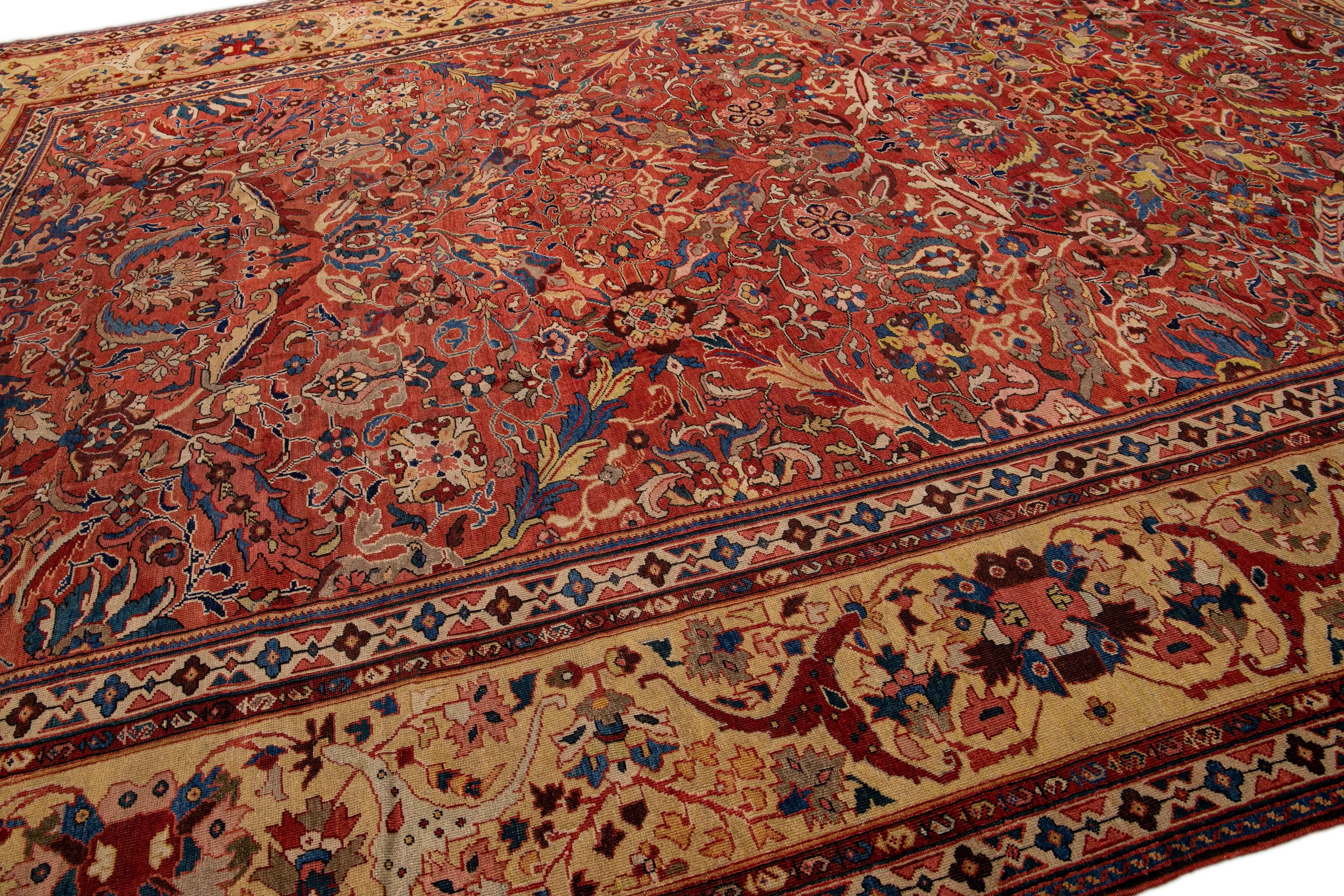 Laine Fin du 19e siècle Antiquités Mahal Tapis de laine surdimensionné fait à la main et à motifs floraux rouille en vente