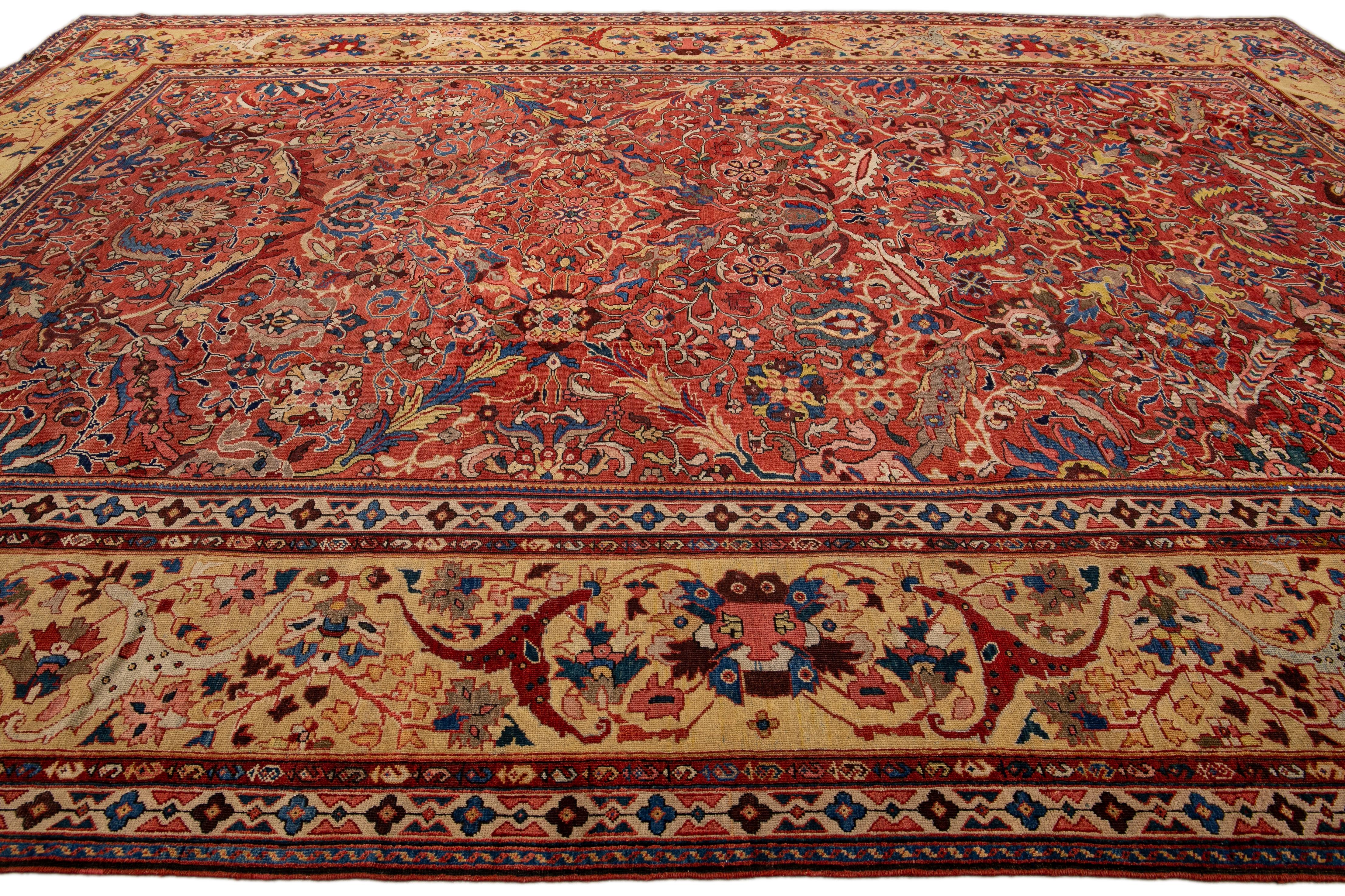 Late 19th Century Antique Mahal Handmade Allover Floral Rust Oversize Wool Rug In Good Condition For Sale In Norwalk, CT