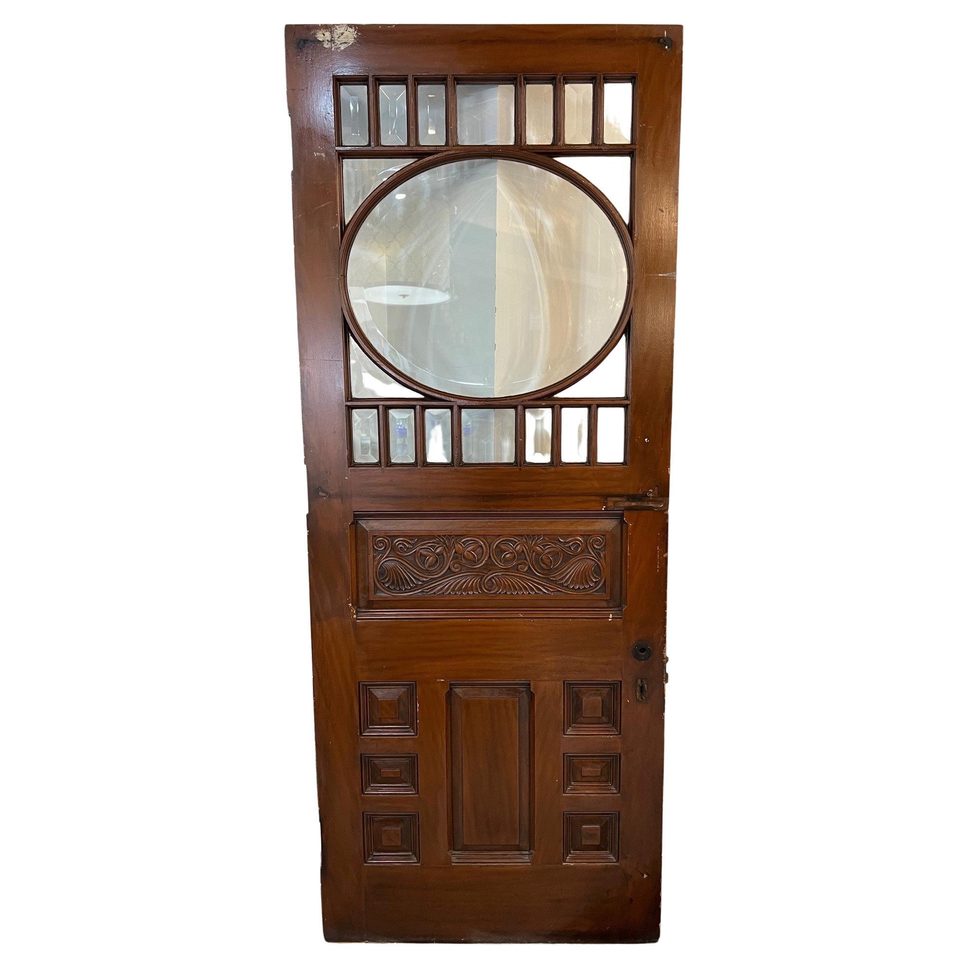 Late 19th Century Antique Mahogany Entrance Door with Beveled Glass Panels For Sale