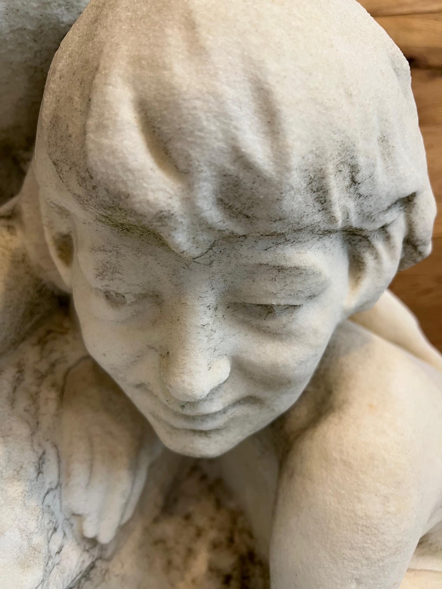 Antiker Marmorbrunnen des frühen 20. Jahrhunderts, Junges Mädchen und Junge mit Muschel, signiert im Angebot 6