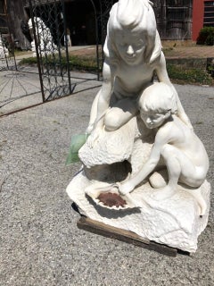 Early 20th Century Antique Marble Fountain Young Girl & Boy with a Shell Signed