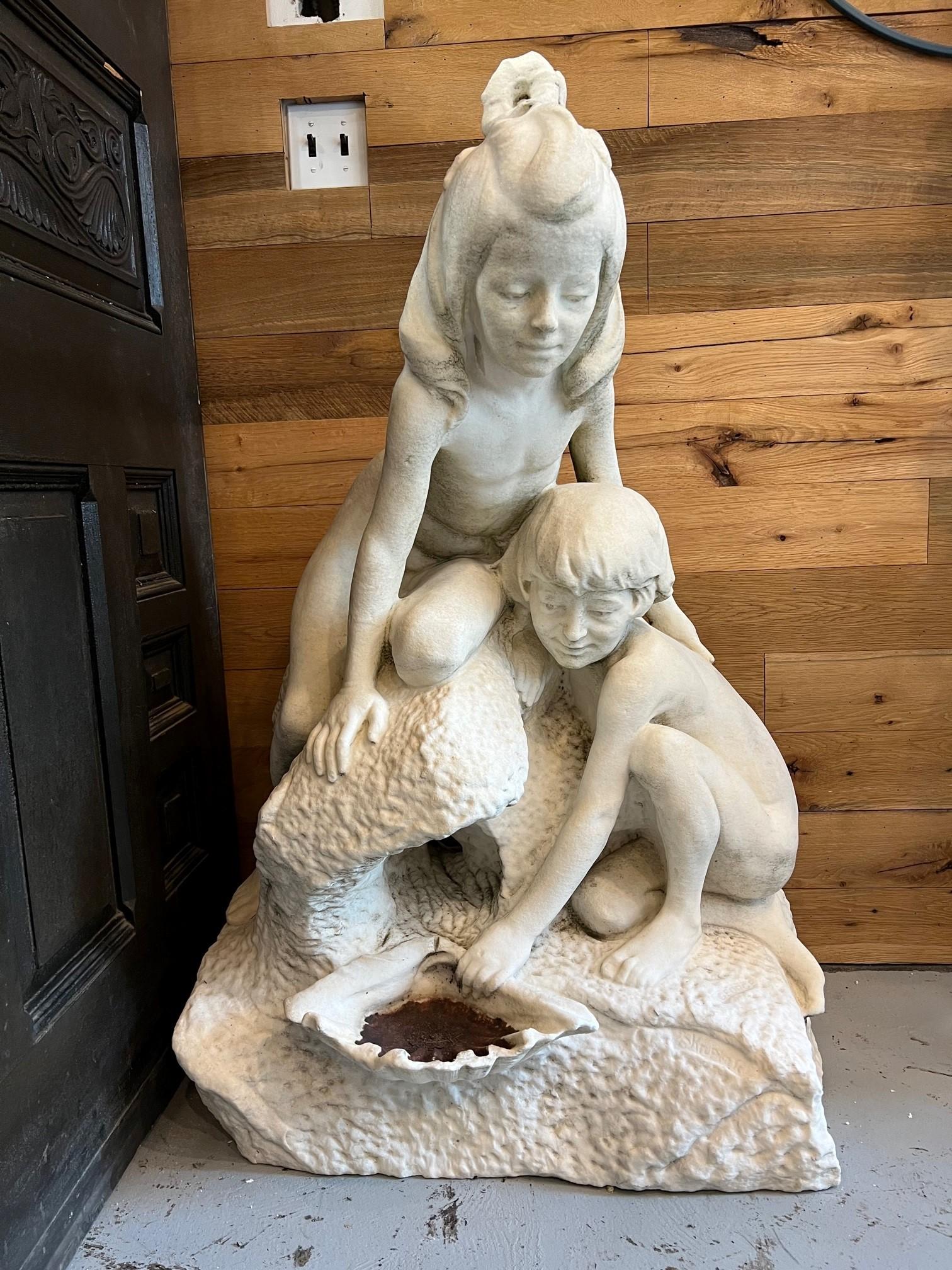 European Early 20th Century Antique Marble Fountain Young Girl & Boy with a Shell Signed For Sale