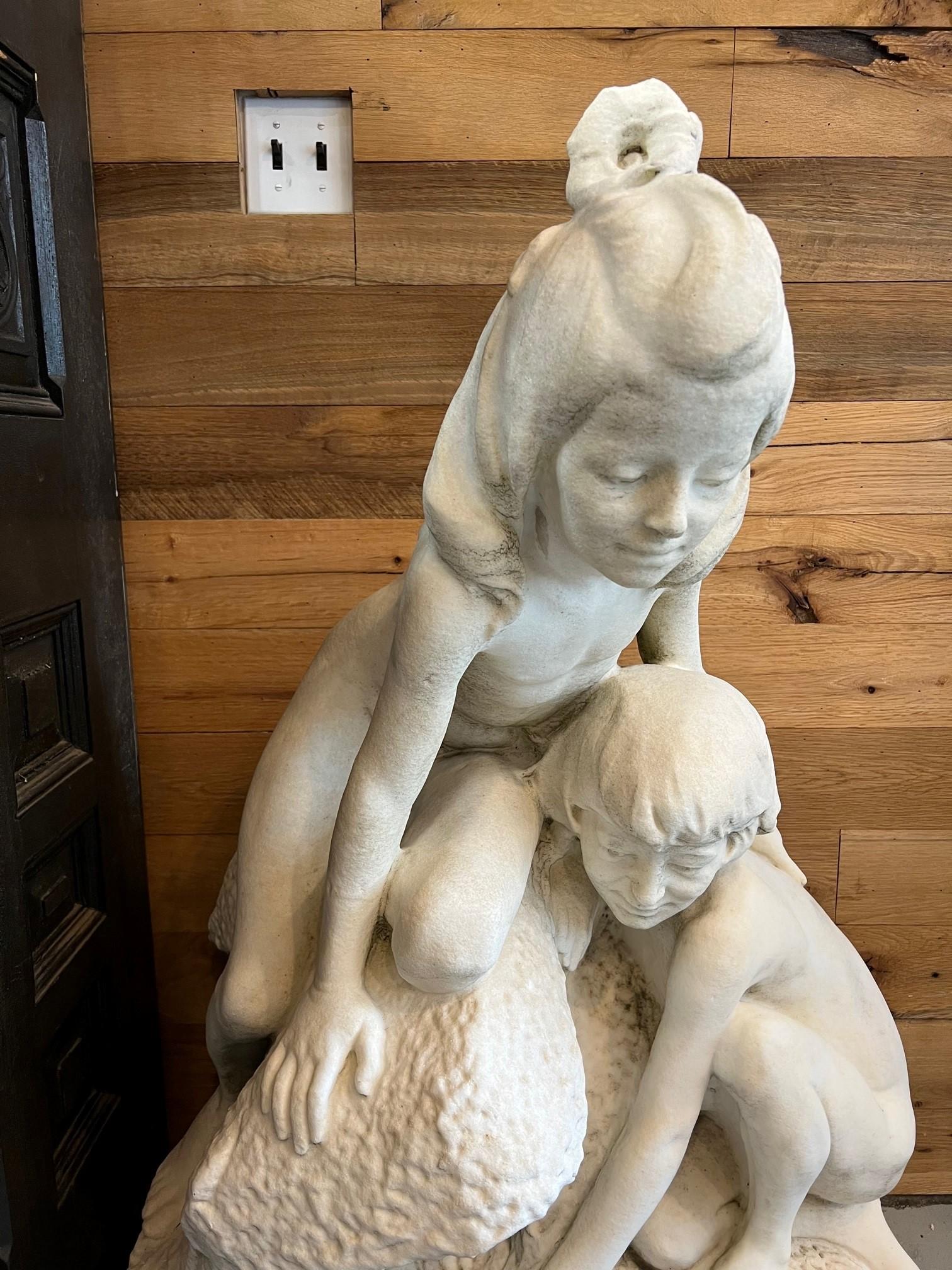 Hand-Carved Early 20th Century Antique Marble Fountain Young Girl & Boy with a Shell Signed For Sale