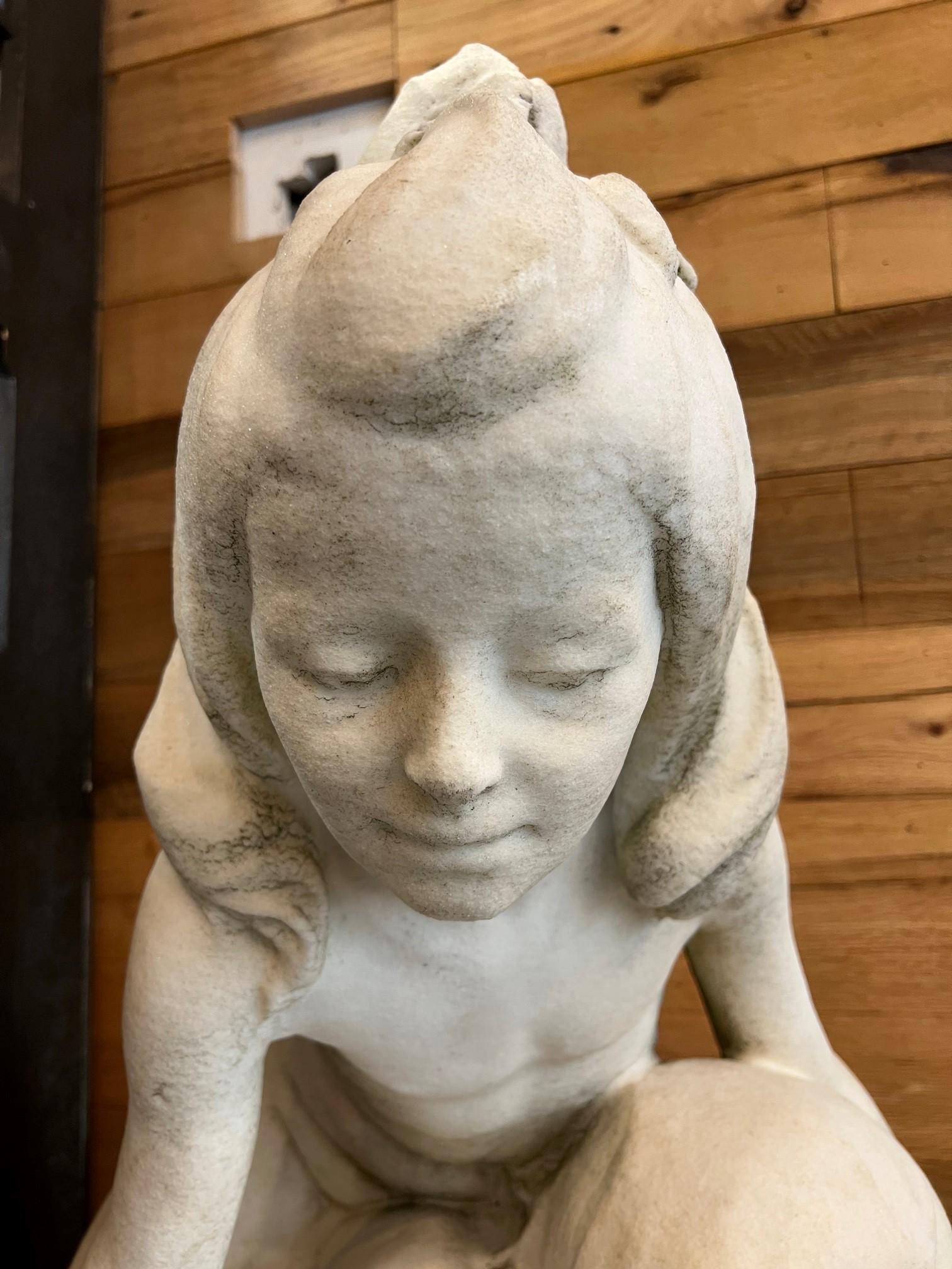 Early 20th Century Antique Marble Fountain Young Girl & Boy with a Shell Signed For Sale 2