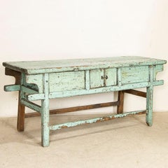 Late 19th Century Antique Old Turquoise Blue Painted Console Table from China