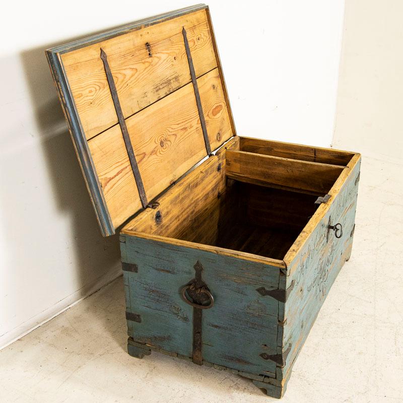 Swedish Late 19th Century Antique Original Blue Painted Trunk Dated 1861