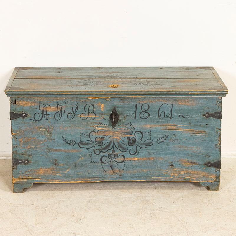 Late 19th Century Antique Original Blue Painted Trunk Dated 1861 In Good Condition In Round Top, TX