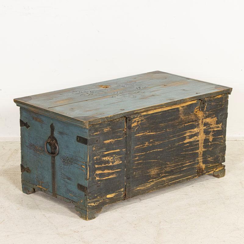 Wood Late 19th Century Antique Original Blue Painted Trunk Dated 1861