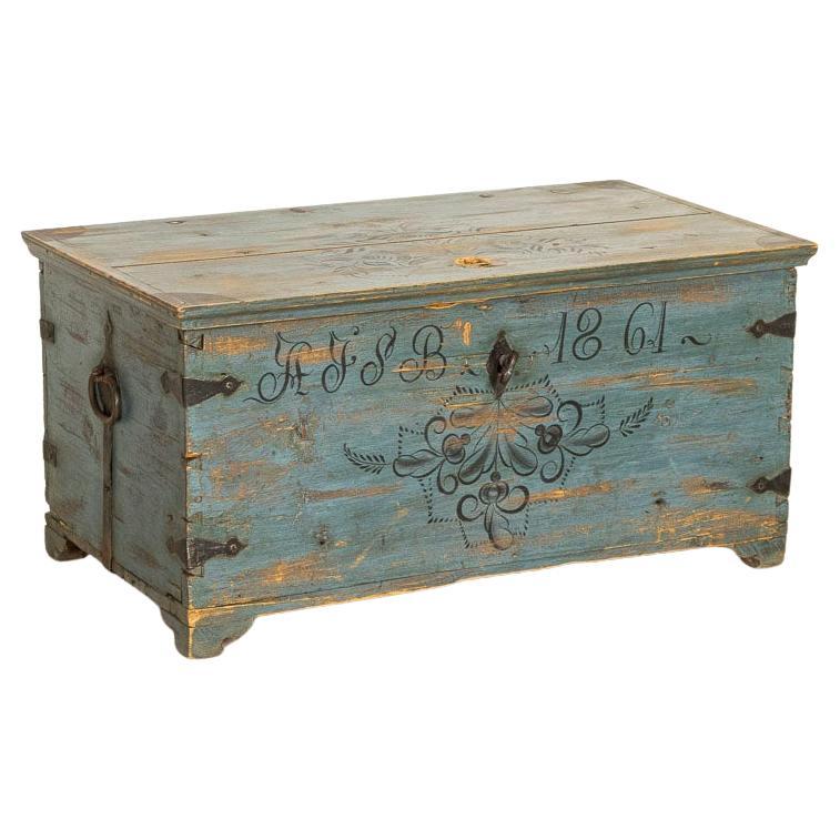 Late 19th Century Antique Original Blue Painted Trunk Dated 1861