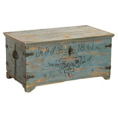 Late 19th Century Antique Original Blue Painted Trunk Dated 1861