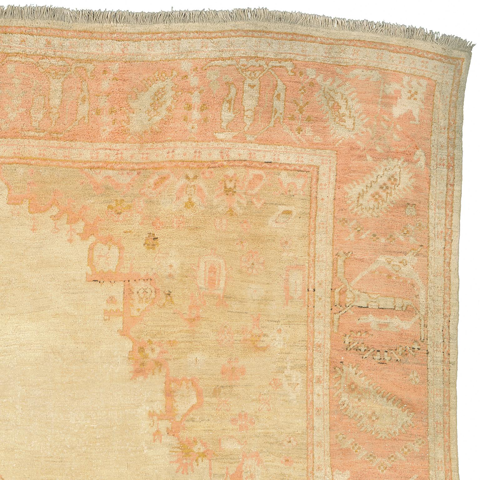 Hand-Knotted Late-19th Century Antique Oushak Beige Turkish Rug For Sale
