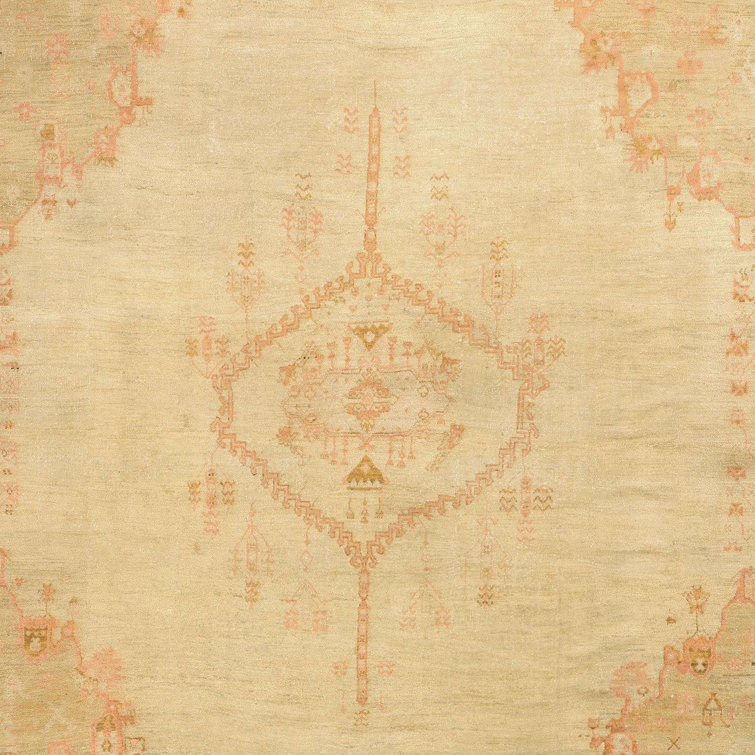 Wool Late-19th Century Antique Oushak Beige Turkish Rug For Sale