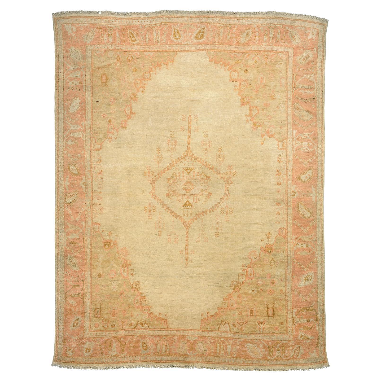 Late-19th Century Antique Oushak Beige Turkish Rug For Sale