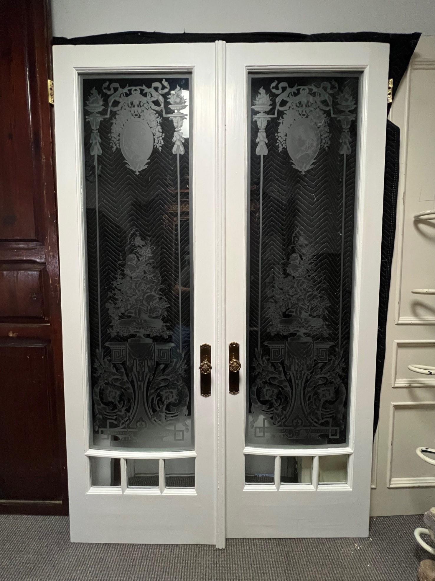 Late 19th Century Antique Pair of Acid Etched Glass Doors, Paris France For Sale 11