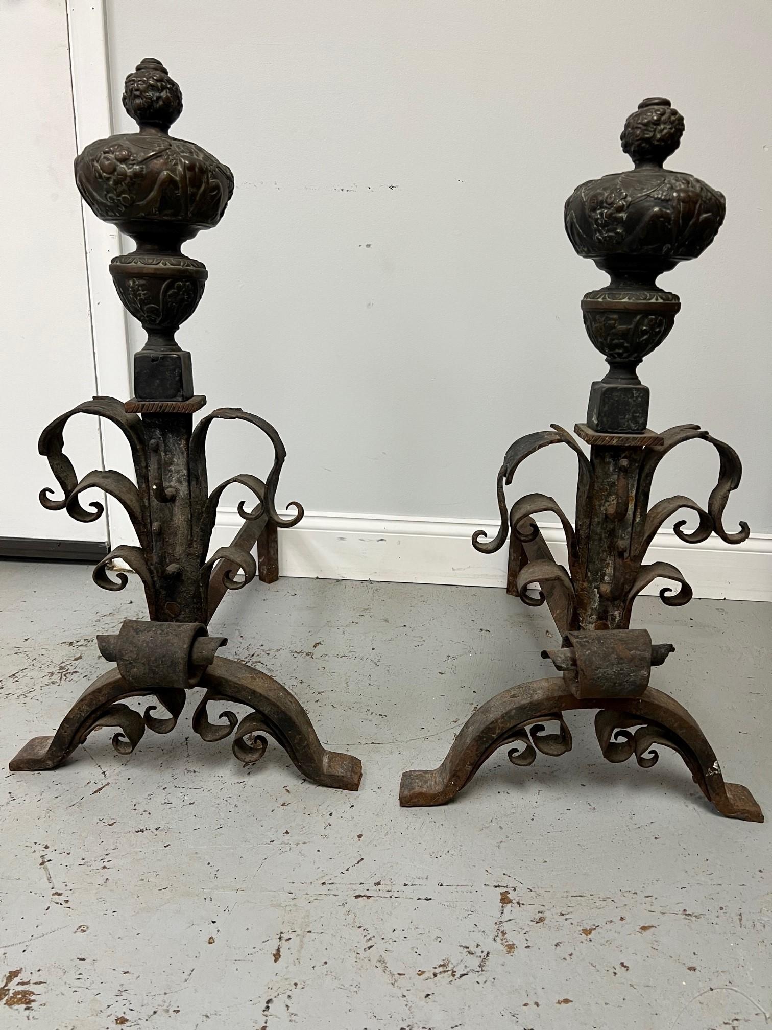 Late 19th Century Antique Pair of Iron and Bronze Andirons  In Good Condition For Sale In Stamford, CT